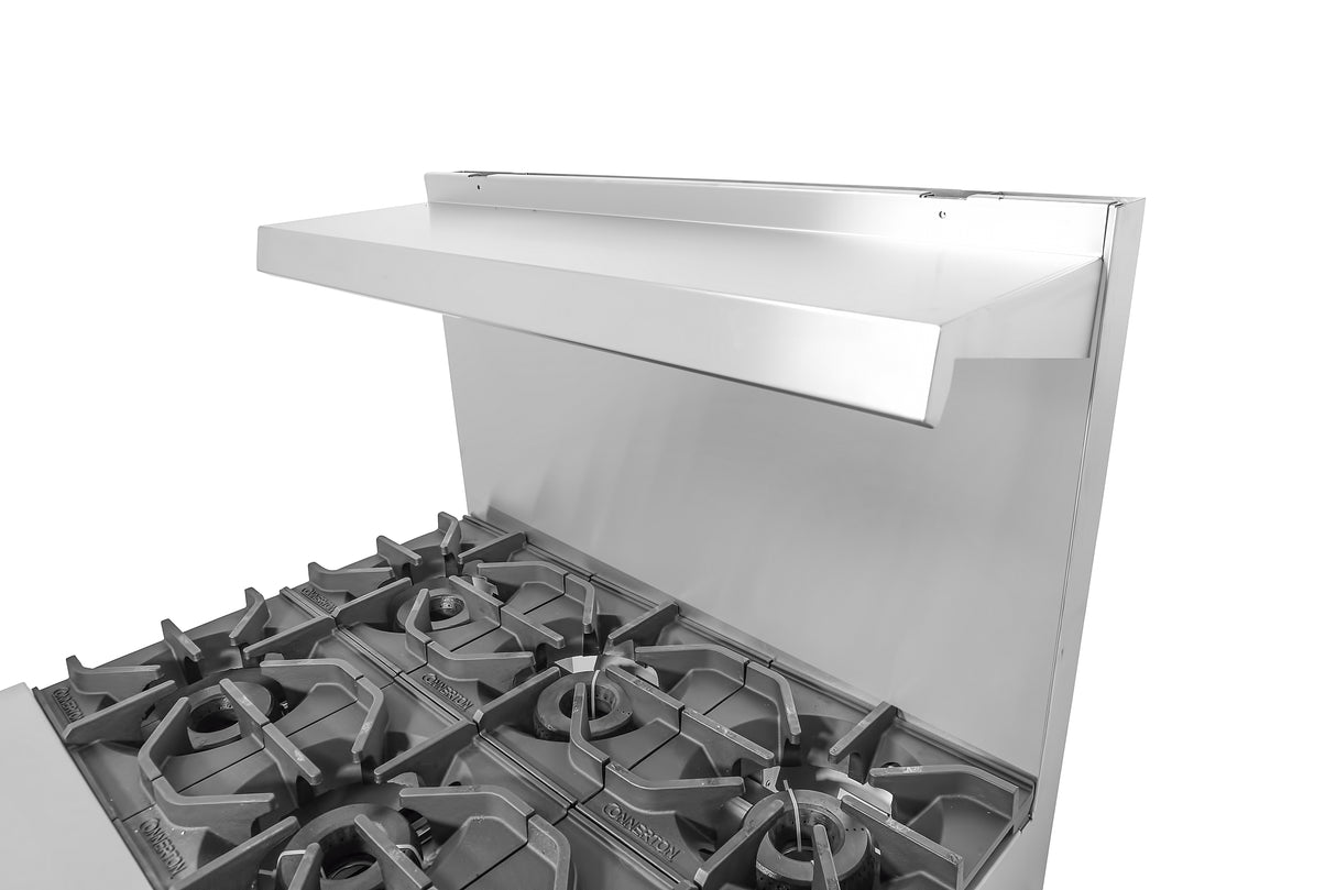 A stainless steel restaurant range with four gas burners is shown at an angle. Above the burners, a matching stainless steel vent hood and backsplash complete the clean, industrial look against a white background.