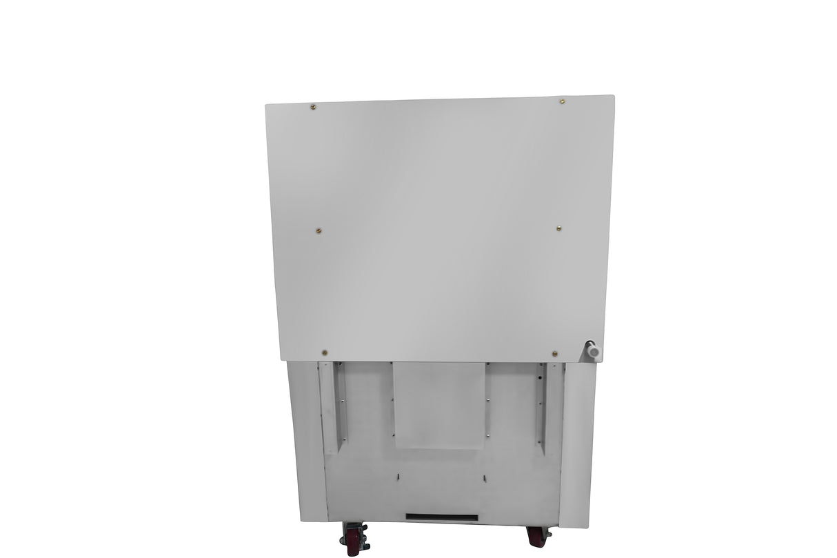A large, upright metallic rectangular cabinet, similar to a restaurant range, with a plain white panel and mounted on small red caster wheels is shown on a white background. The cabinet has a lock on the right side and visible screws on the panel.