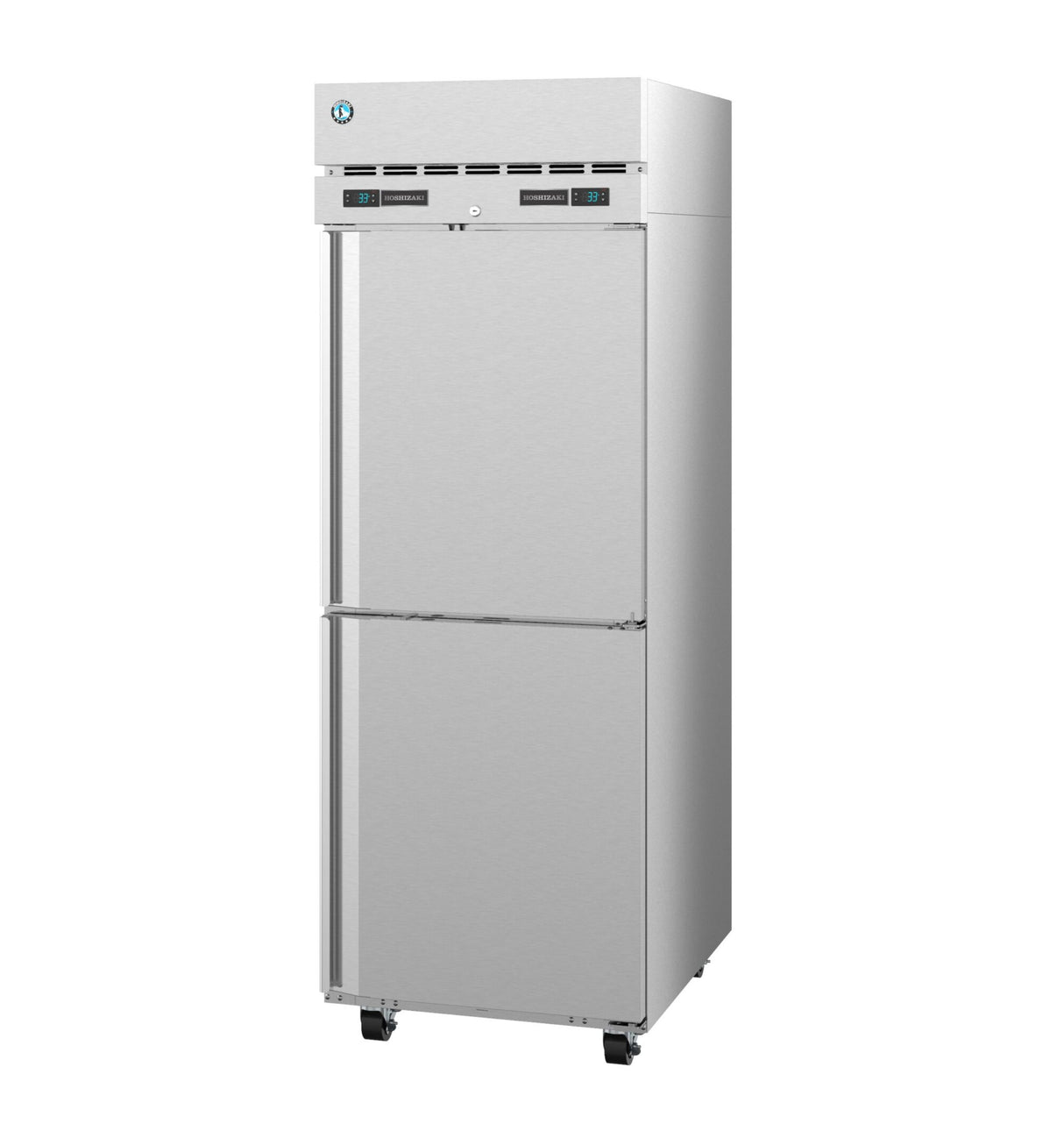 A tall, sleek Hoshizaki Steelheart reach-in refrigerator with two vertical doors, digital control panels above each door, ventilation grilles at the top, and small wheels for mobility—ideal for professional kitchen use.