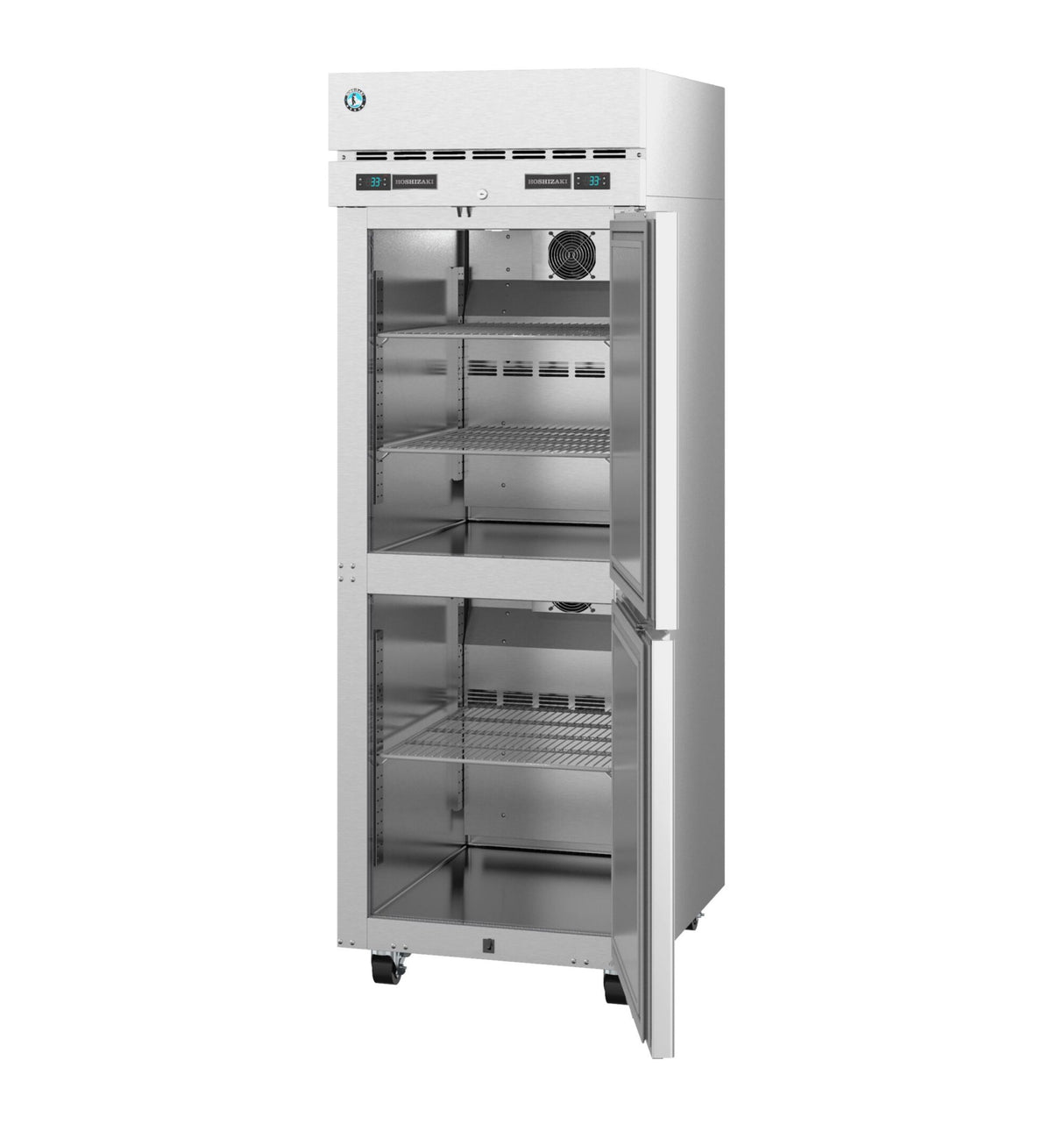 A commercial Hoshizaki Steelheart reach-in refrigerator with two glass doors, both open to reveal adjustable wire shelves inside. The top section features a fan for airflow. The unit stands on small wheels and has a control panel at the top.