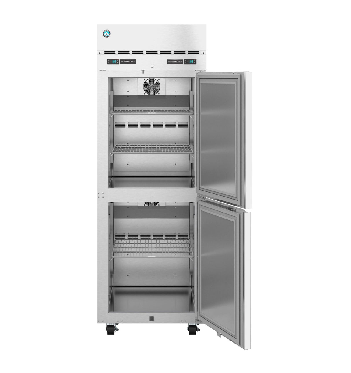 A Hoshizaki Steelheart dual temp refrigerator freezer featuring two vertically stacked compartments, empty wire shelves, and a top control panel with ventilation. This reach-in refrigerator stands on small black wheels for easy mobility.