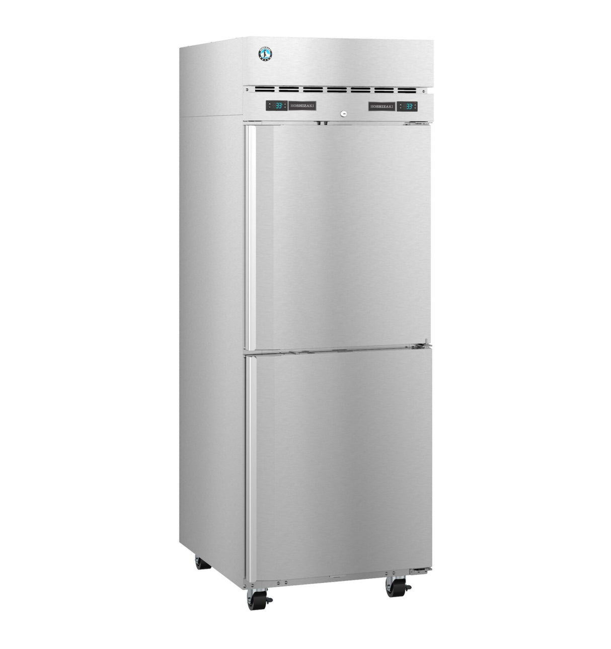 A commercial Hoshizaki Steelheart reach-in refrigerator with two doors, digital temperature displays, top ventilation grilles, and four caster wheels. This dual temp refrigerator freezer is sleek, professional, and perfect for any kitchen setup.