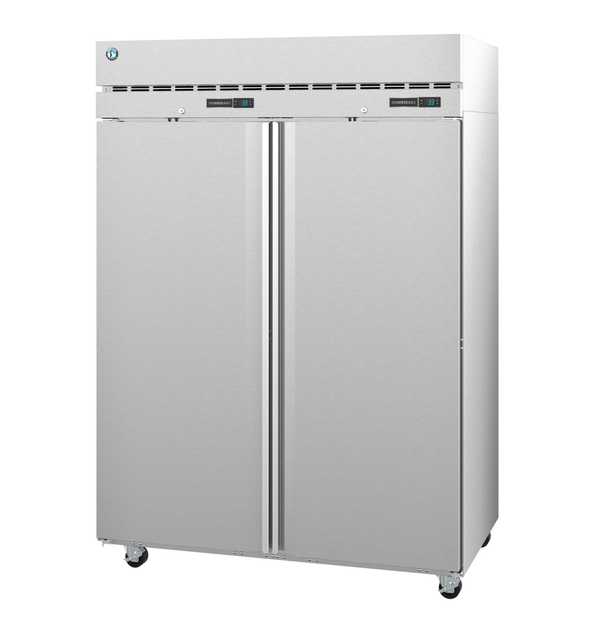A large, industrial Hoshizaki Steelheart reach-in refrigerator stands on four wheels. The appliance features vertical handles, digital temperature displays above each door, and ventilation slots near the top, embodying a sleek and utilitarian design.