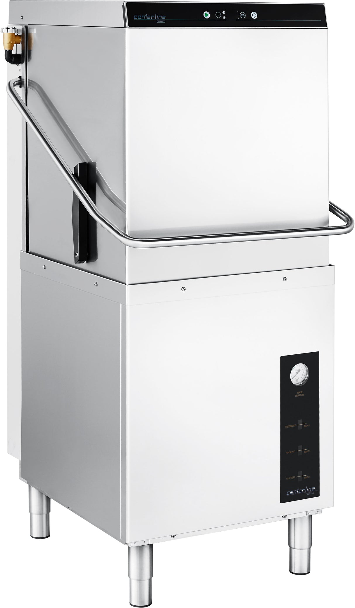The Centerline Dishwasher is a commercial stainless steel, ENERGY STAR unit with a front handle, top control panel, and lower front pressure gauge. Its boxy, industrial design stands on four legs—perfect for professional kitchens relying on chemical sanitizing.