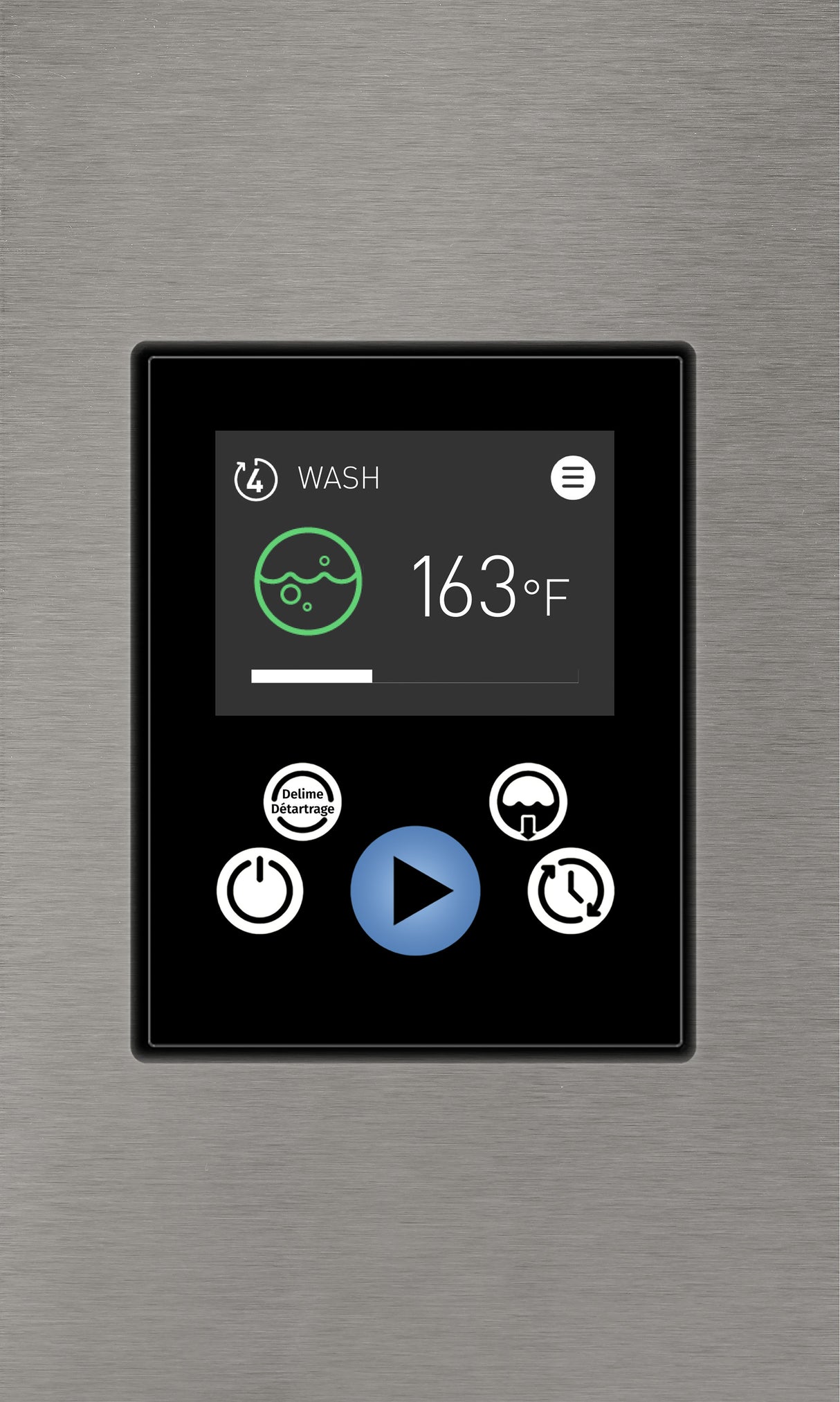 A digital control panel on the Hobart AM16SCB-16 dishwasher displays a wash cycle at 163°F. The stainless steel screen shows a wash icon, “WASH,” and five buttons below for power, settings, cycle start (blue triangle), and options.