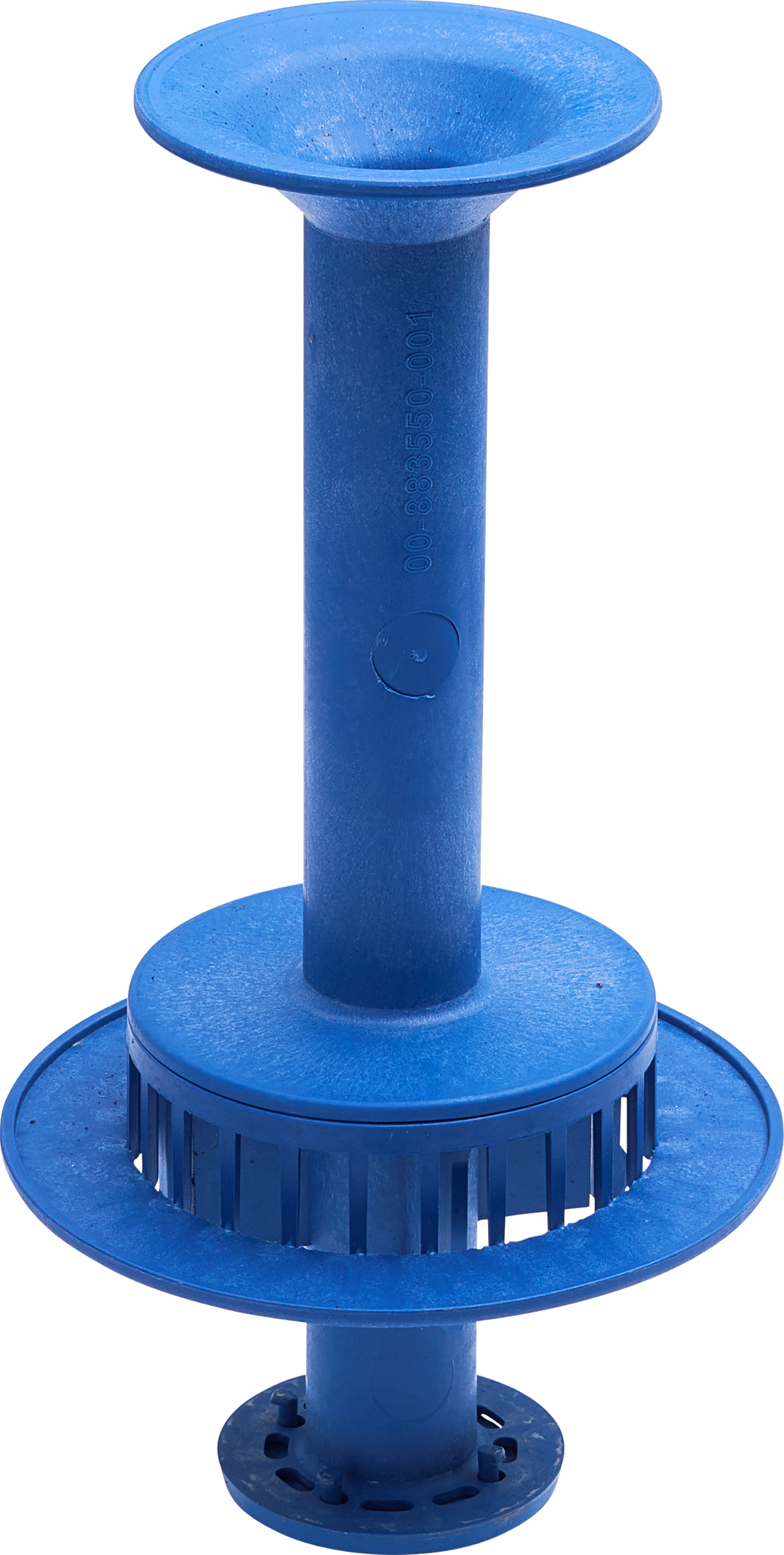 A blue plastic pool skimmer or floating chemical dispenser with a cylindrical body, a wide flared top and bottom, and a central grate for water flow—ideal for chemical sanitizing in pools. The item is isolated on a white background.