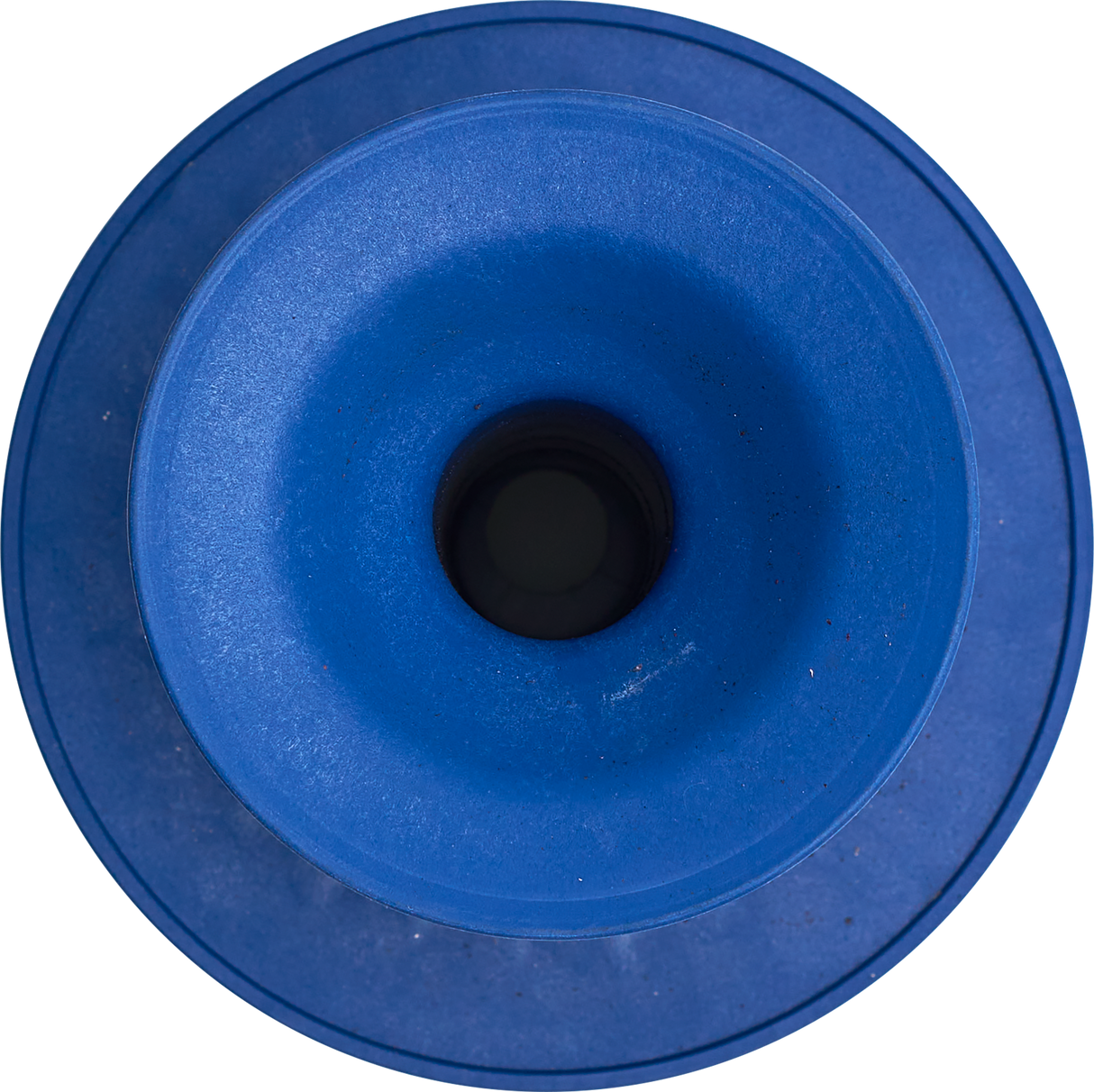A close-up, top-down view of a blue plastic funnel, often used in a commercial dishwasher or door type dishwasher, with a wide rim and narrow center forming concentric circles. The inner part is dark, gradually lightening toward the rim.