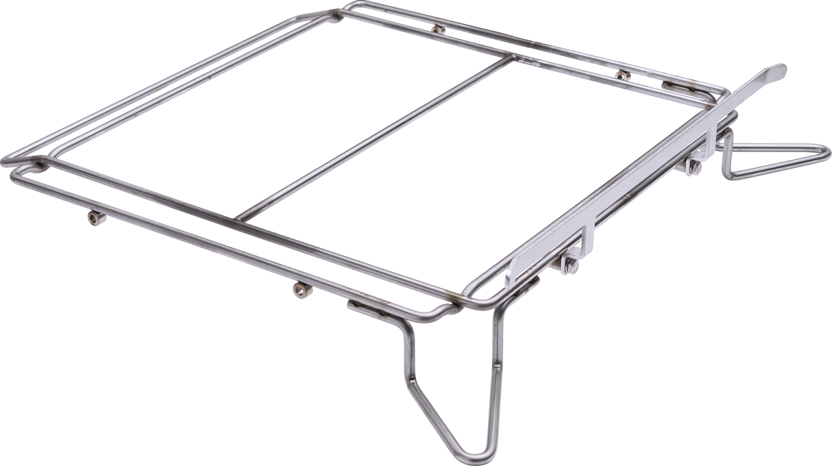 Rectangular metal wire rack with foldable legs and a handle. Made of stainless steel, it features an open grid design, ideal for outdoor camping or as a portable grill—perfect for use alongside a commercial dishwasher or in chemical sanitizing setups.