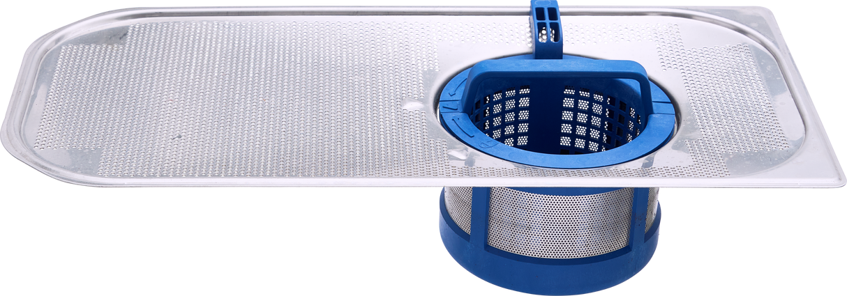A close-up of a rectangular metal mesh filter with a rounded edge, featuring a blue plastic cylindrical basket, designed for catching debris in a commercial dishwasher. Fine perforations and a handle on the basket ensure easy removal and maintenance.