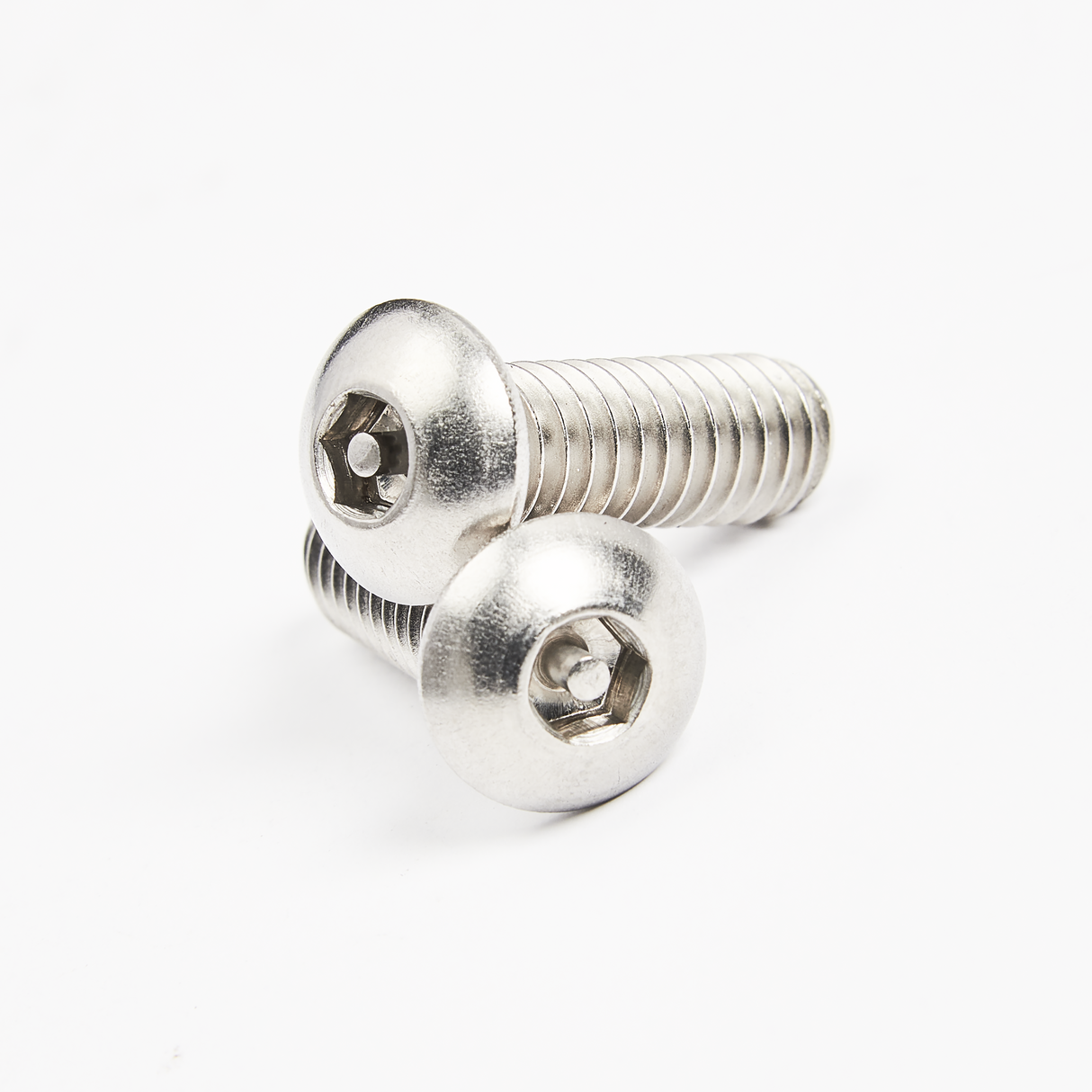 Two shiny metal screws with round heads and hexagonal socket drives are positioned on a white background. The clean, reflective screws resemble components often found in commercial dishwasher assemblies or door type dishwasher installations.