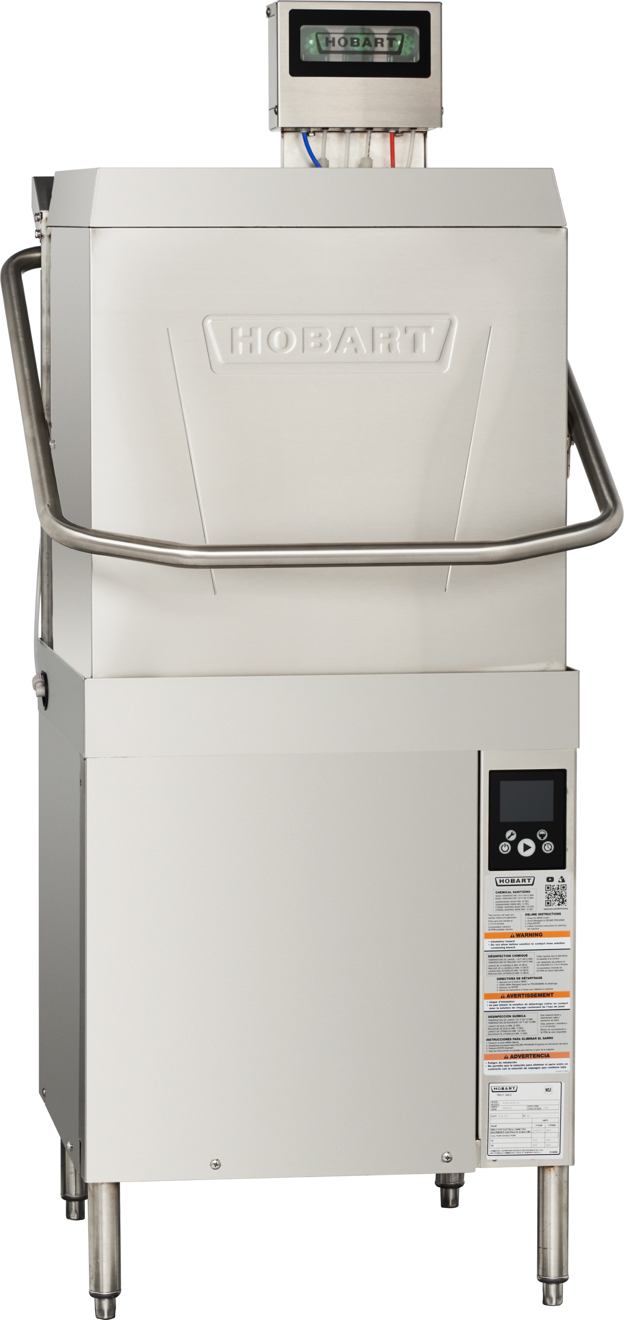 A Hobart commercial dishwasher with a stainless steel exterior features digital controls, a handle across the upper front, and an electronic display screen. This door type dishwasher includes detailed safety and operation labels on the lower front panel.