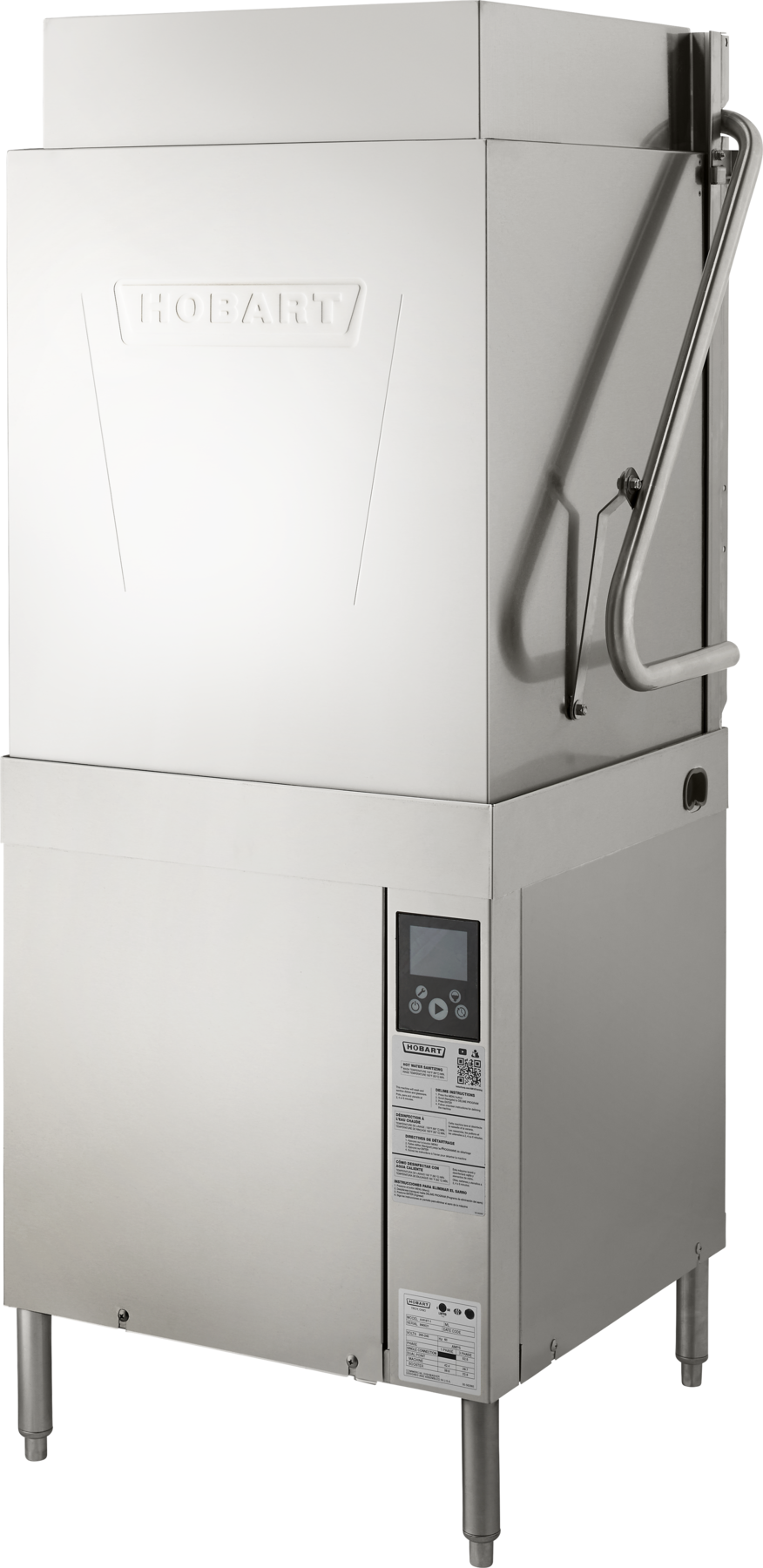 A commercial stainless steel tall chamber dishwasher with a boxy design. It features a large front door with the Hobart logo, vertical handle, smart touchscreen controls below the display screen, and stands on four legs for stability.