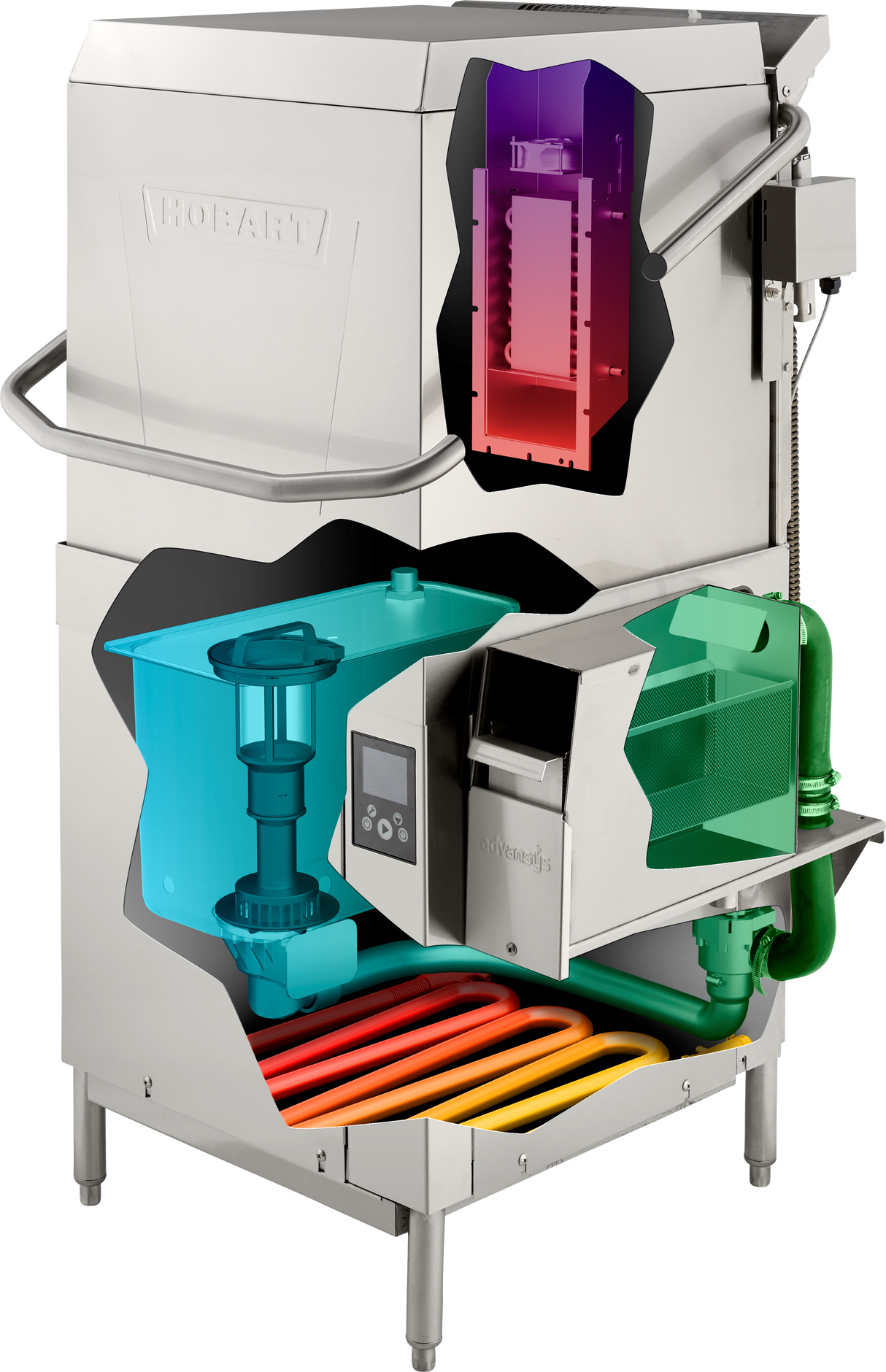 A commercial Hobart ventless dishwashing machine with its front cut away reveals internal components: water pipes, heater coils (orange/yellow at the base) for high temp sanitizing, a pump (blue), and an electronic control box (gray/green).