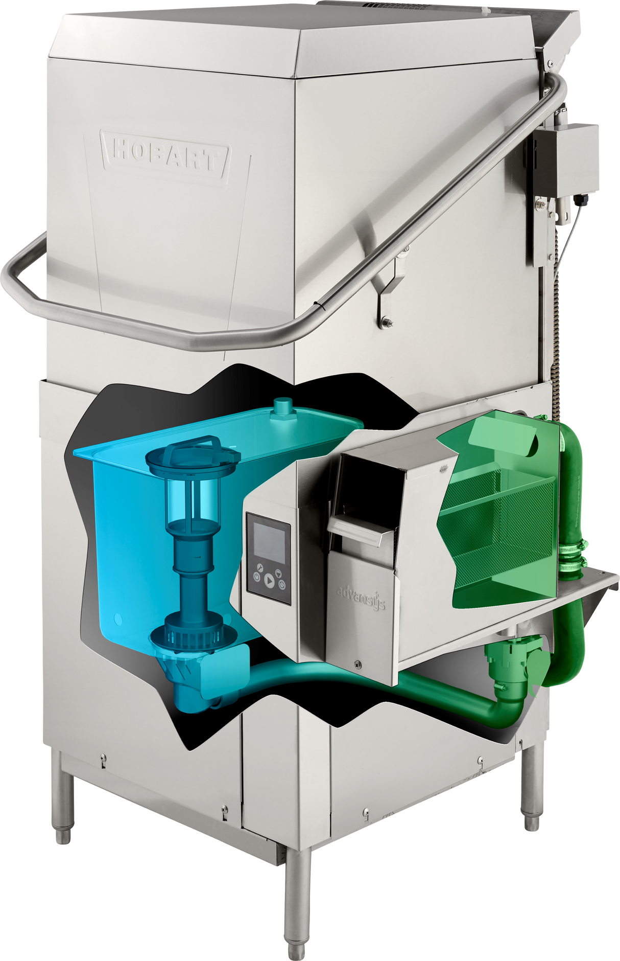 A commercial Hobart ventless dishwashing machine with a cutaway reveals internal components like a blue water pump, green filtration system, and high temp sanitizing features. The metallic exterior has a handle and control panel on the front.