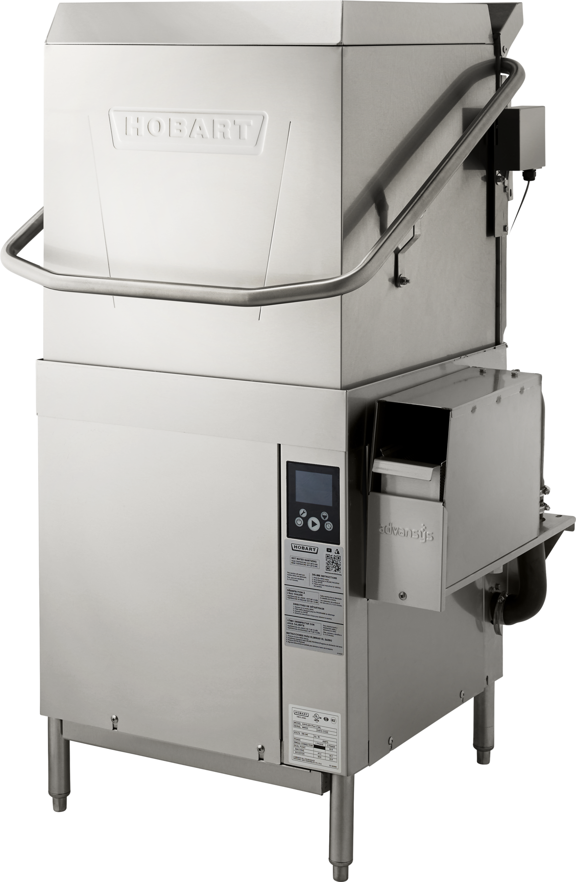 A commercial stainless steel Hobart ventless dishwashing machine with a lift-up door, digital control panel, safety rail, warning labels, and energy recovery system—offering high temp sanitizing for heavy-duty kitchens. The device stands on four legs.