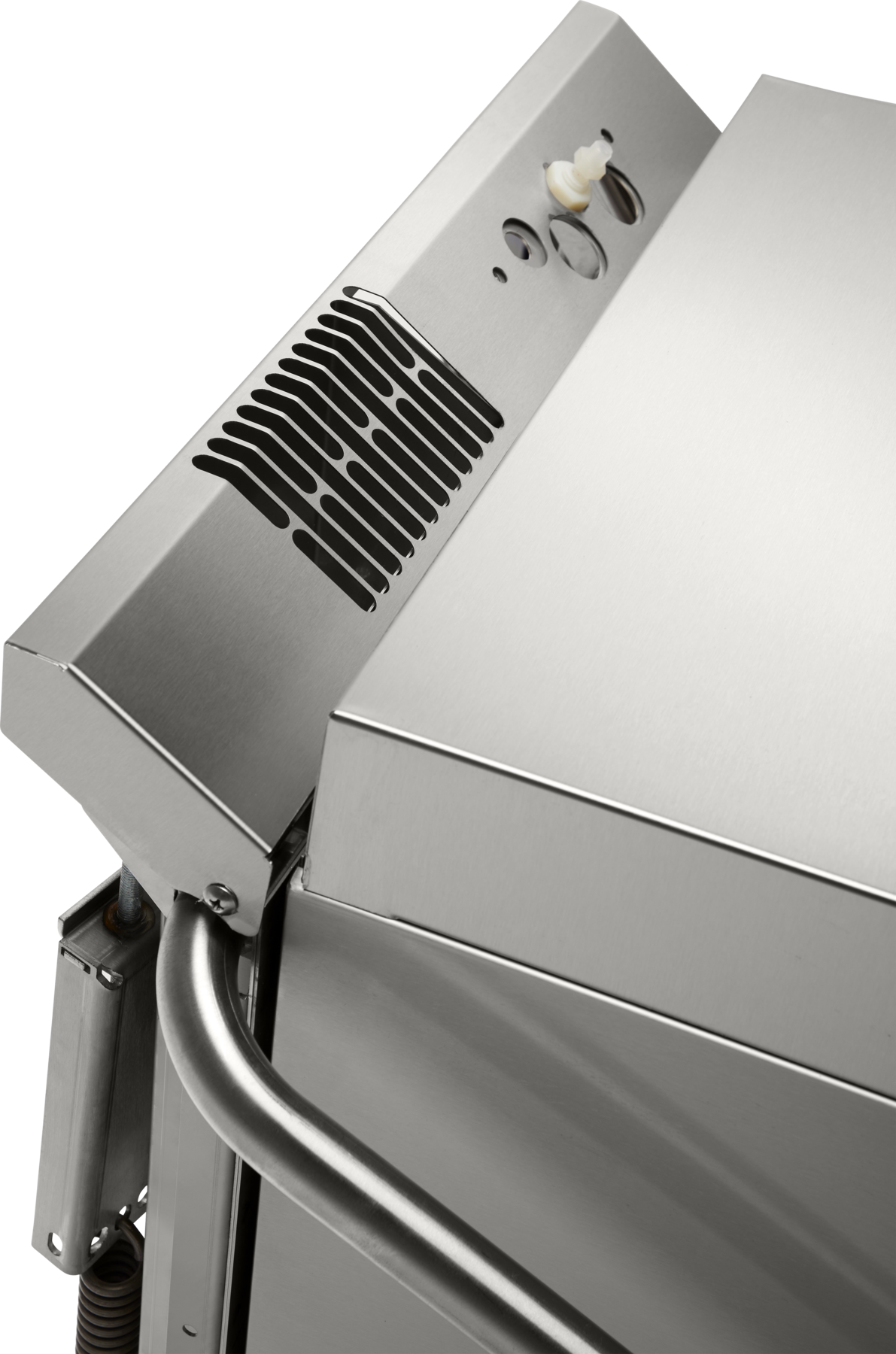 Close-up of a vented panel, handle, control buttons, and part of the lid on a stainless steel Ventless dishwashing machine with high temp sanitizing—showcasing clean lines and modern, industrial design.