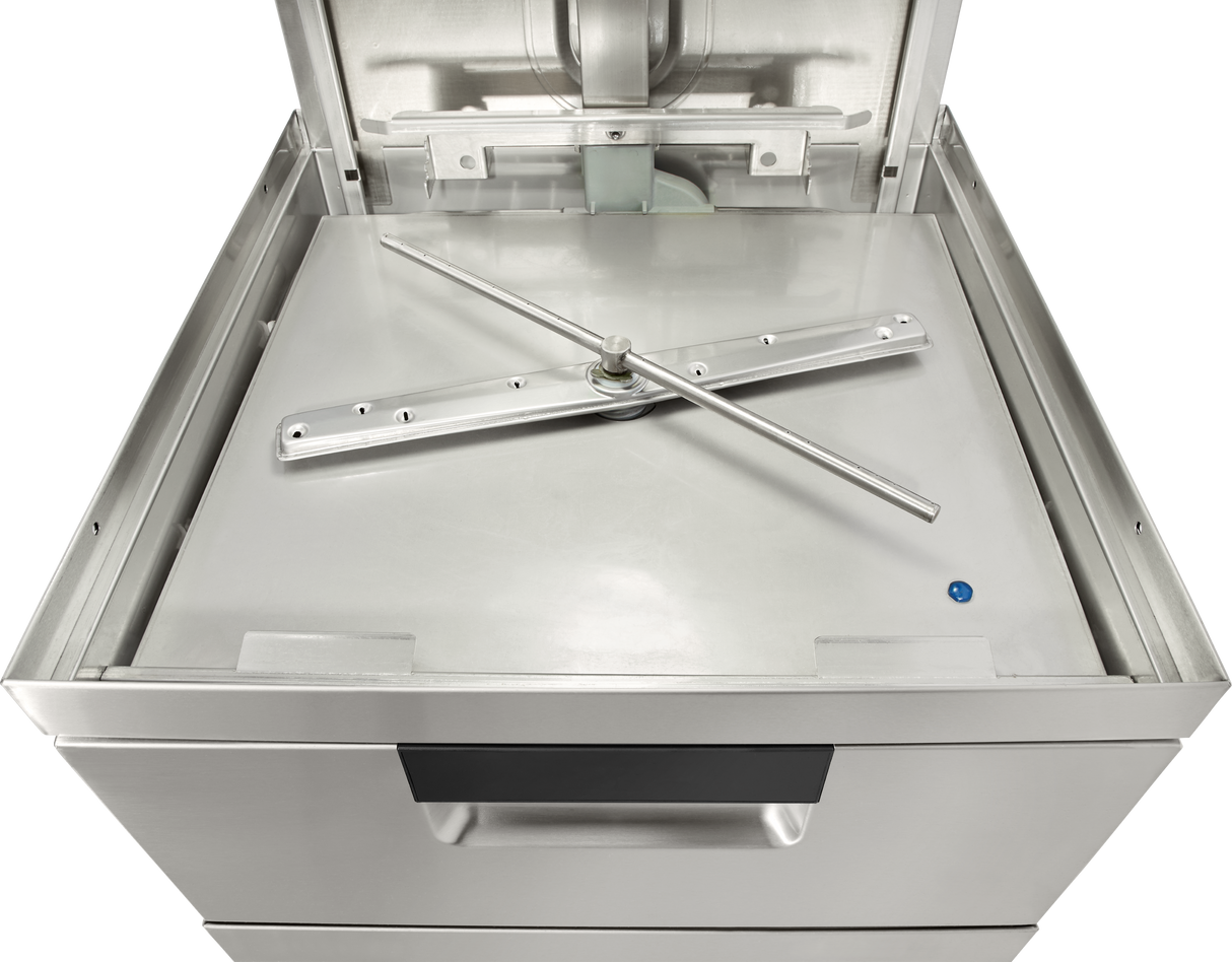 An open Two Level Door Type Dishwasher with a stainless steel interior is shown. The rack is removed, exposing a horizontal spray arm and flat metal panel inside. This high temp sanitizing machine appears unused and can handle up to 80 racks/hr.