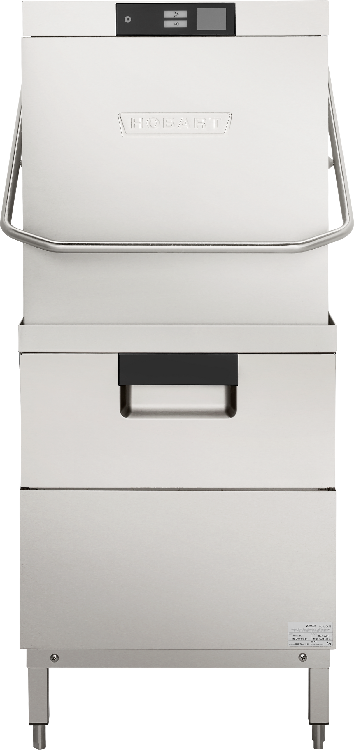 A commercial stainless steel Hobart two level dishwasher with a tall, boxy design, high temp sanitizing, digital display panel at the top, large handle, two compartments, and sturdy legs. The front features the Hobart logo embossed in the metal.