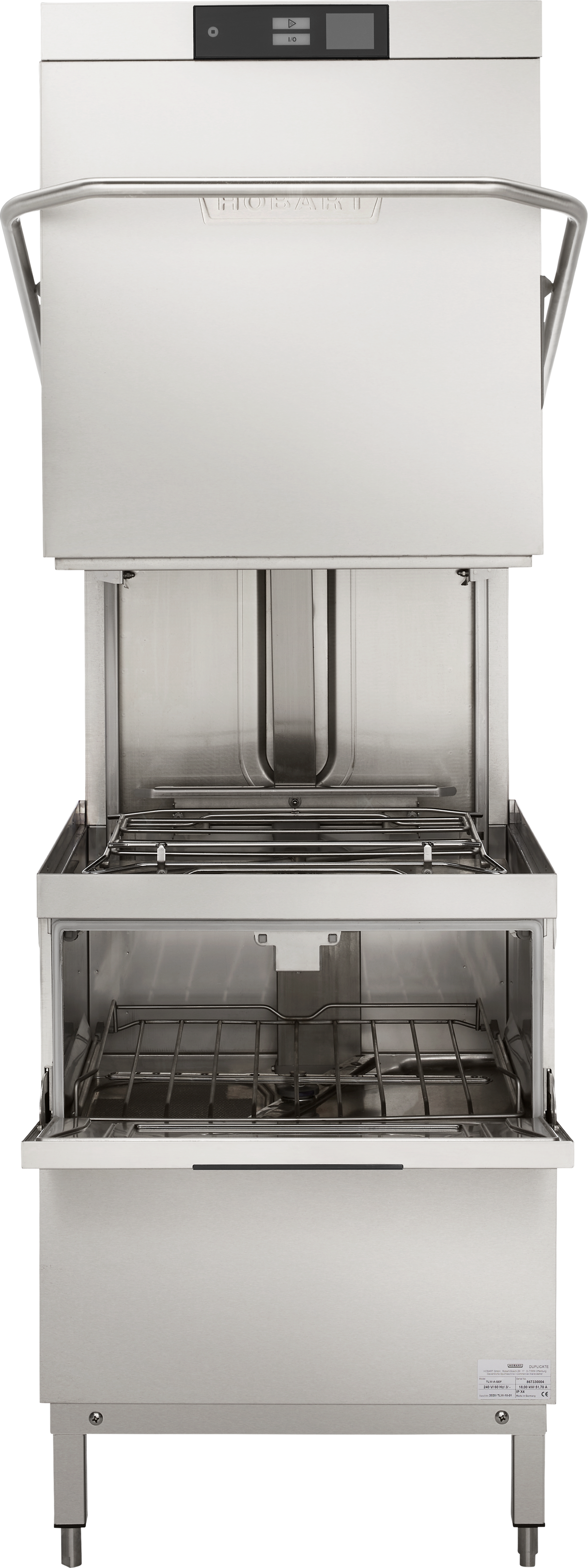 A commercial stainless steel Two Level Door Type Dishwasher with an open, vertical lift hood reveals an empty dish rack and internal spray arms. Designed for high temp sanitizing, it processes up to 80 racks/hr with a sleek, industrial control panel at the top.