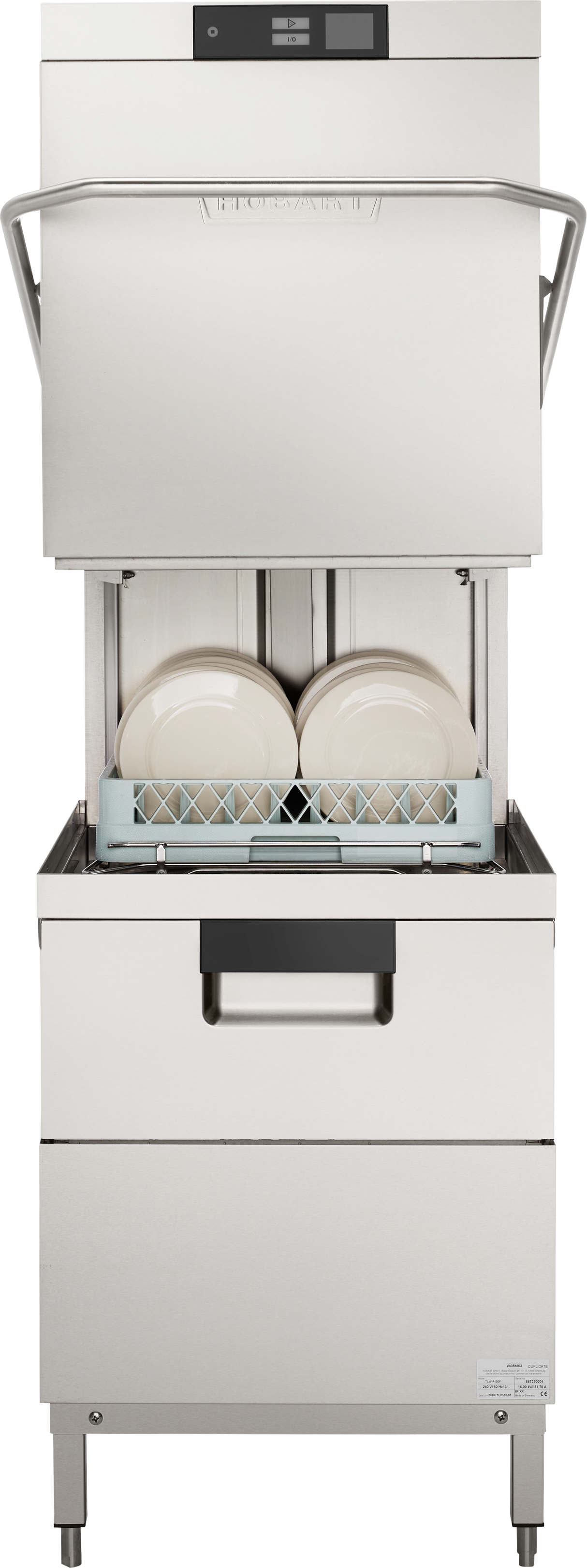 A commercial stainless steel two level dishwasher with its front door open, revealing a rack filled with clean white plates standing upright inside. The digital display panel is visible at the top, promising up to 80 racks per hour of high temp sanitizing.