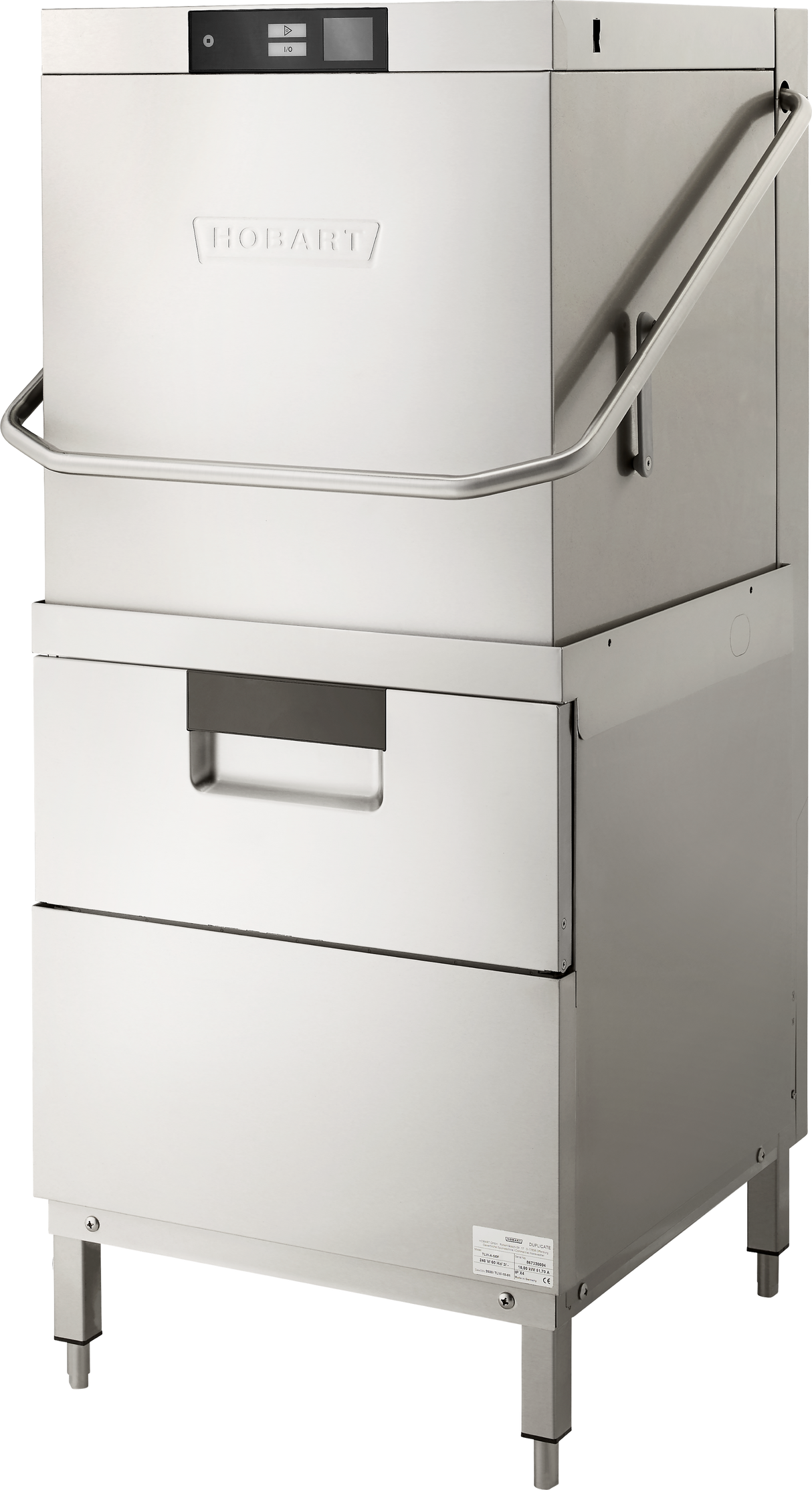 A commercial stainless steel, two level dishwasher with a boxy, vertical design, control panel on top, a front handle for lifting the upper section, sturdy legs, and the Hobart logo embossed on the front. Handles up to 80 racks per hour.