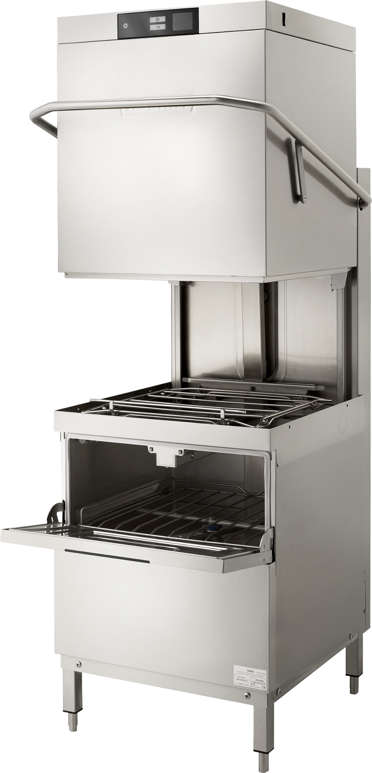 A commercial stainless steel Two Level Door Type Dishwasher with an open, hood-style top. The upper section is raised, revealing wire racks inside. With a high temp sanitizing system, it handles up to 80 racks/hr and stands on four sturdy legs.