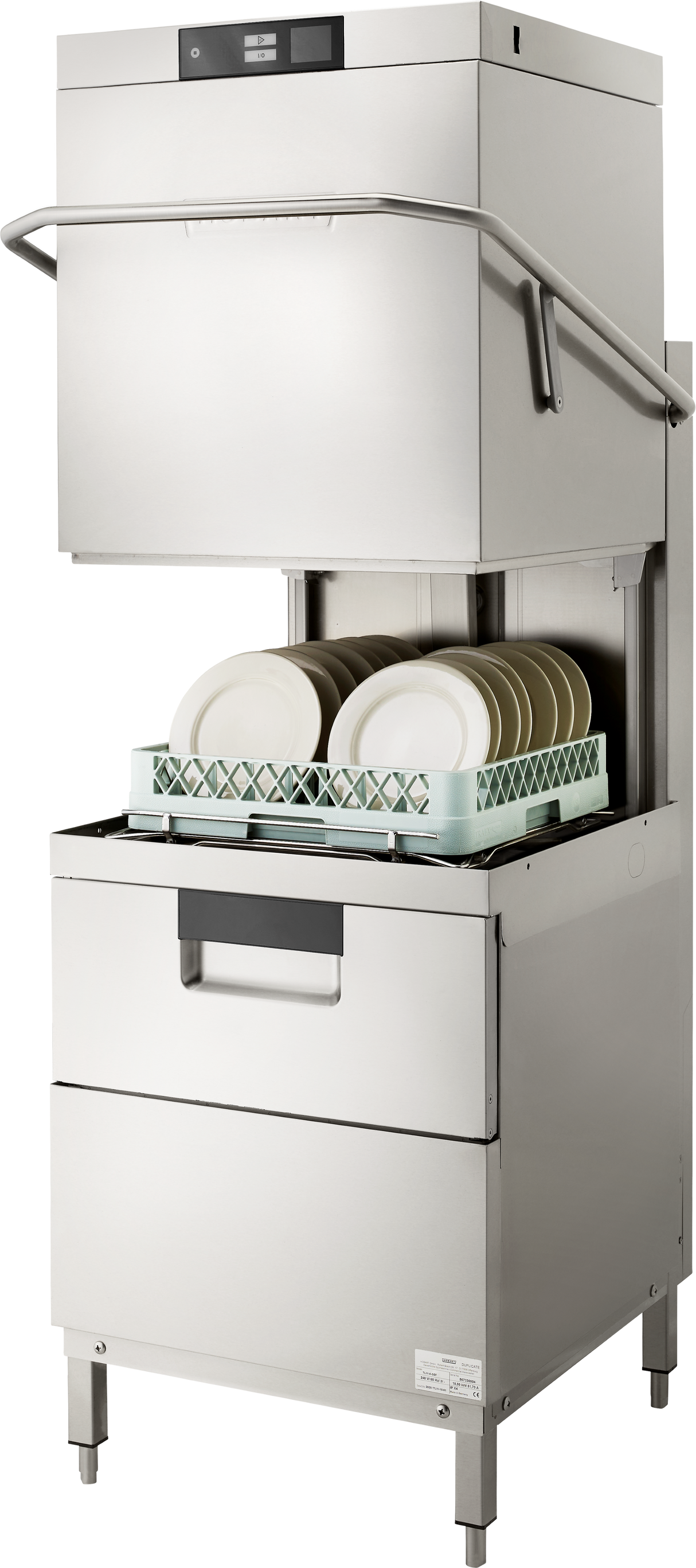 A Two Level Door Type Dishwasher with a lift-up hood is open, revealing a rack filled with clean white plates. This high temp sanitizing machine features a digital display, stands on four legs, and efficiently cleans up to 80 racks/hr.