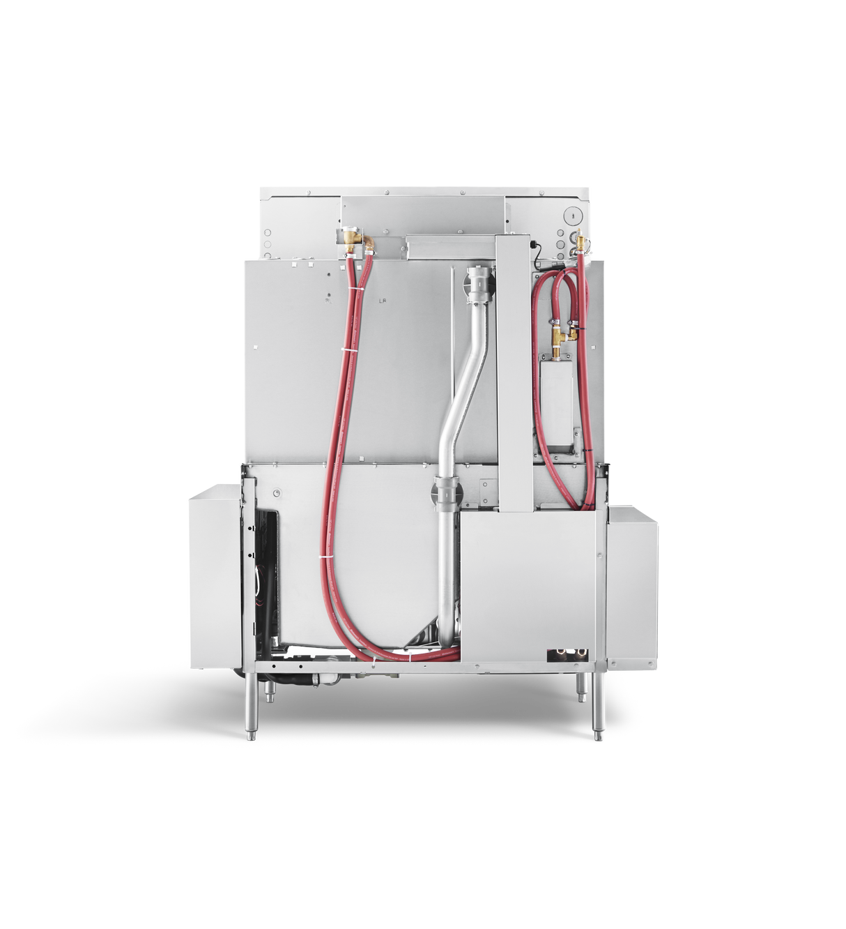 A stainless steel conveyor dishwasher viewed from the back, showing exposed pipes, red hoses, and metal valves. The machine features automatic soil removal and stands on four legs, with key components visible against a plain black background.