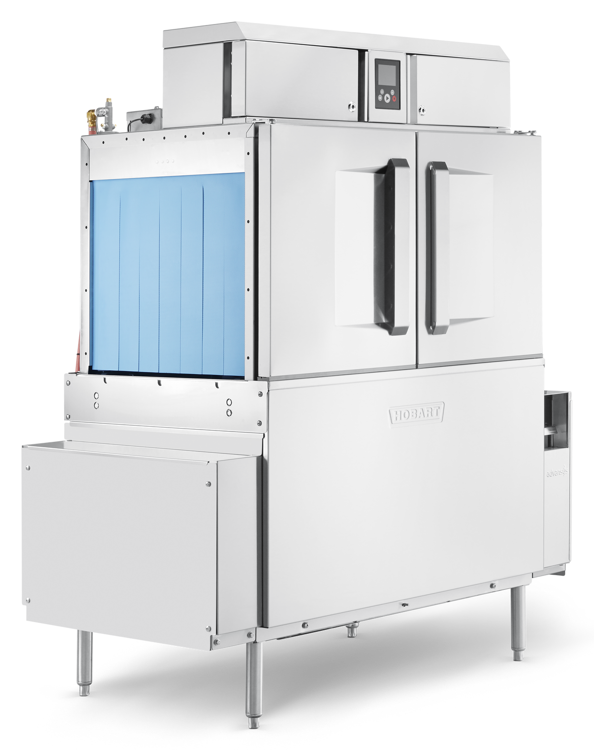 A commercial stainless steel conveyor dishwasher with two large black handles on front doors, a control panel above, and a blue plastic curtain on the left input side. Features automatic soil removal for efficient cleaning and stands on sturdy metal legs.