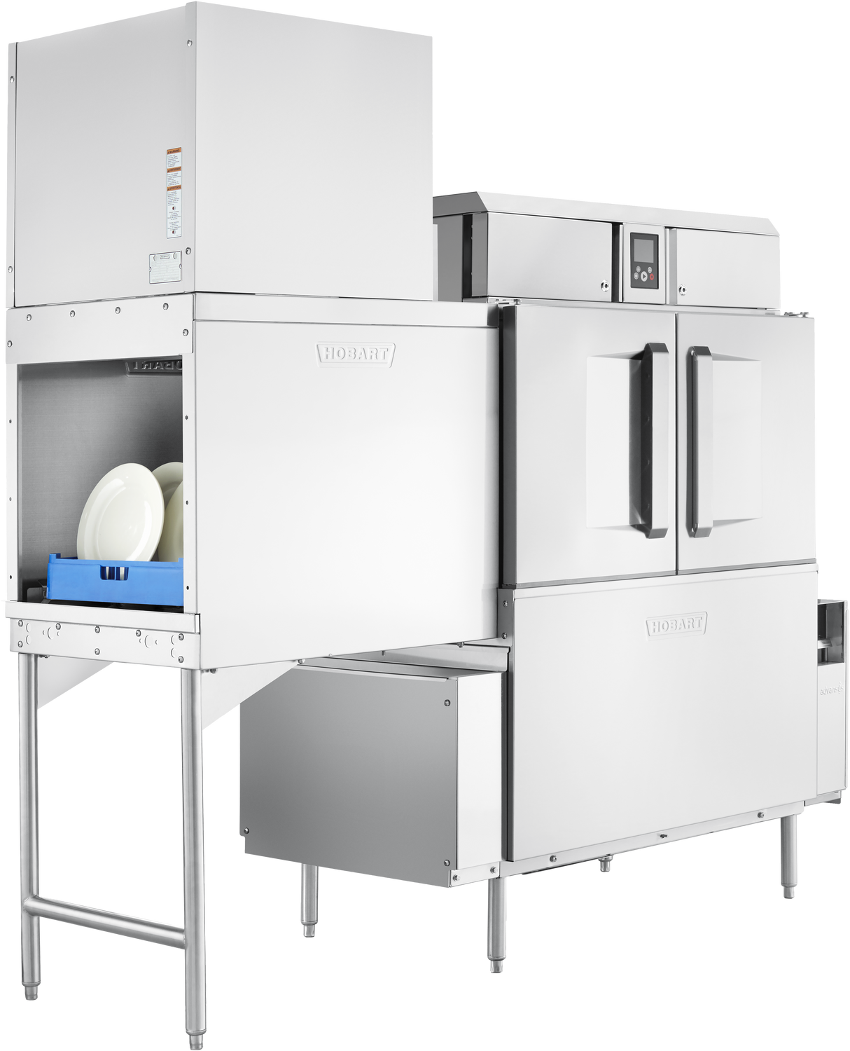 A large stainless steel conveyor dishwasher with automatic soil removal features two right-side doors and an open left compartment, revealing a blue rack of white plates. It stands on metal legs, with control buttons on the upper front section.