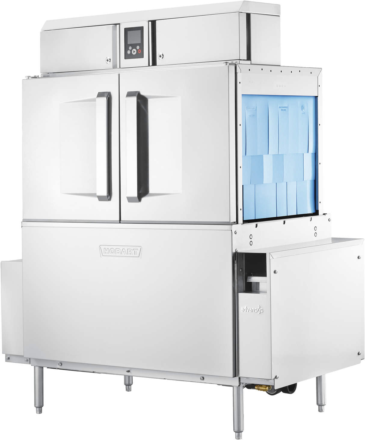 A large, industrial stainless steel conveyor dishwasher with two front doors and a top control panel. The right side has blue plastic dividers for organizing trays or utensils. The brand “HOBART” is visible on the front.