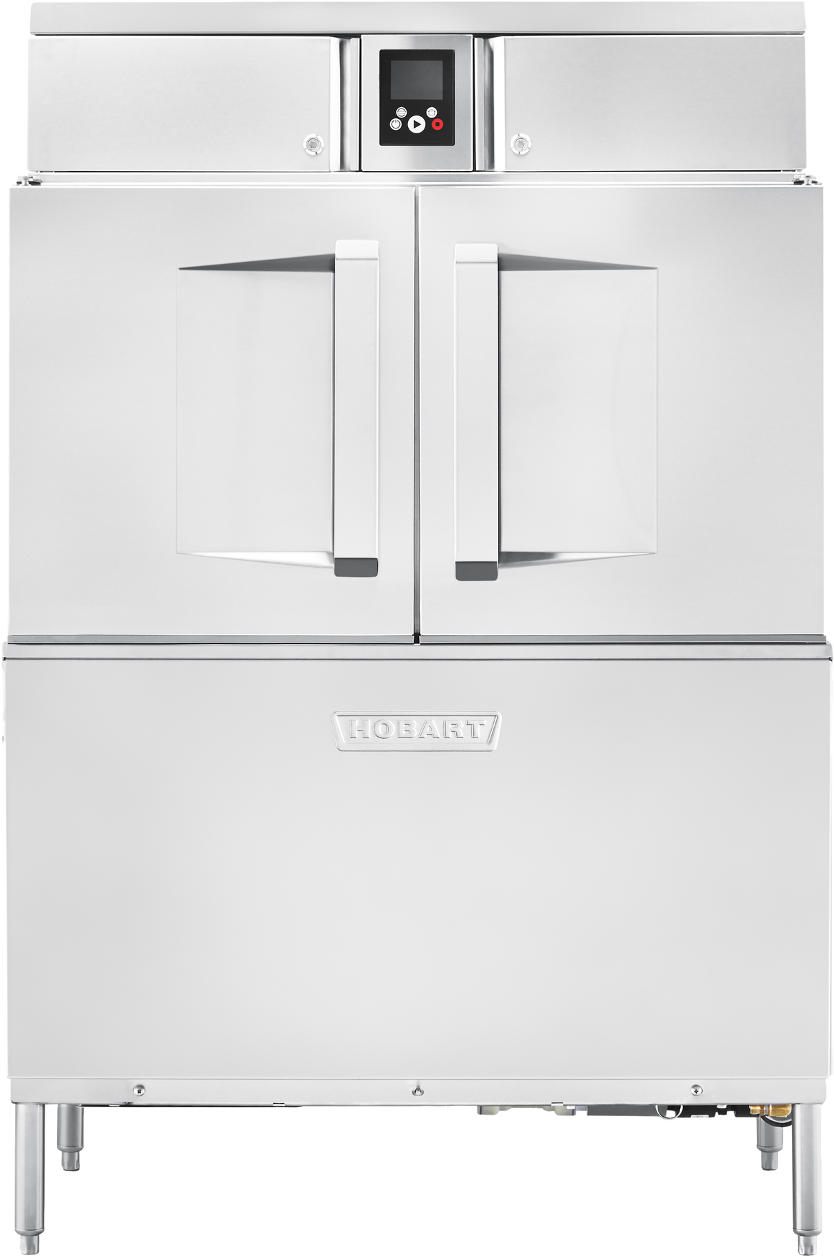 A large commercial stainless steel conveyor dishwasher with double front doors, a digital control panel, and ENERGY STAR efficiency. The Hobart CL44-BAS features a modern, industrial design ideal for professional kitchens.