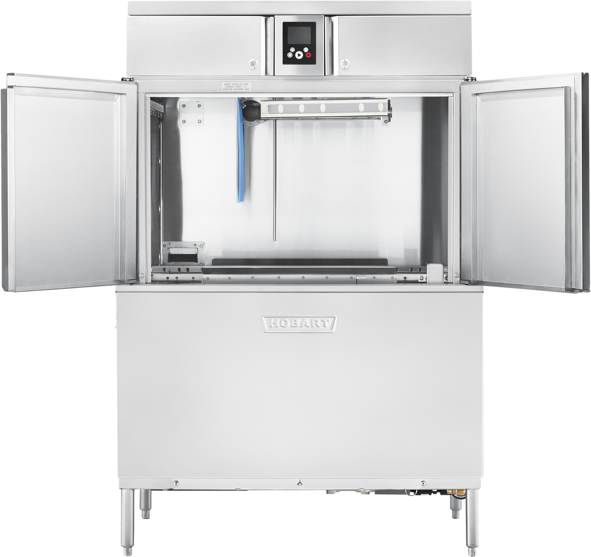 A commercial stainless steel Hobart CL44-BAS Conveyor Dishwasher with double doors wide open reveals an empty interior, spray arms, and a control panel above; this ENERGY STAR machine stands on short legs with a clean, industrial look.