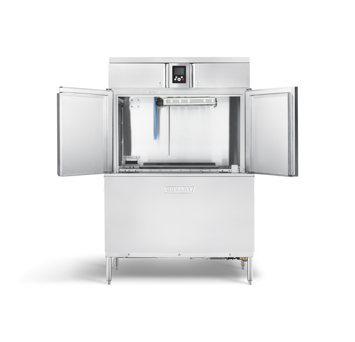 A commercial stainless steel Conveyor Dishwasher with both doors open, revealing a spacious interior and blue spray arm. The sleek Hobart CL44-BAS features four legs, a digital control panel, and ENERGY STAR efficiency for modern kitchens.