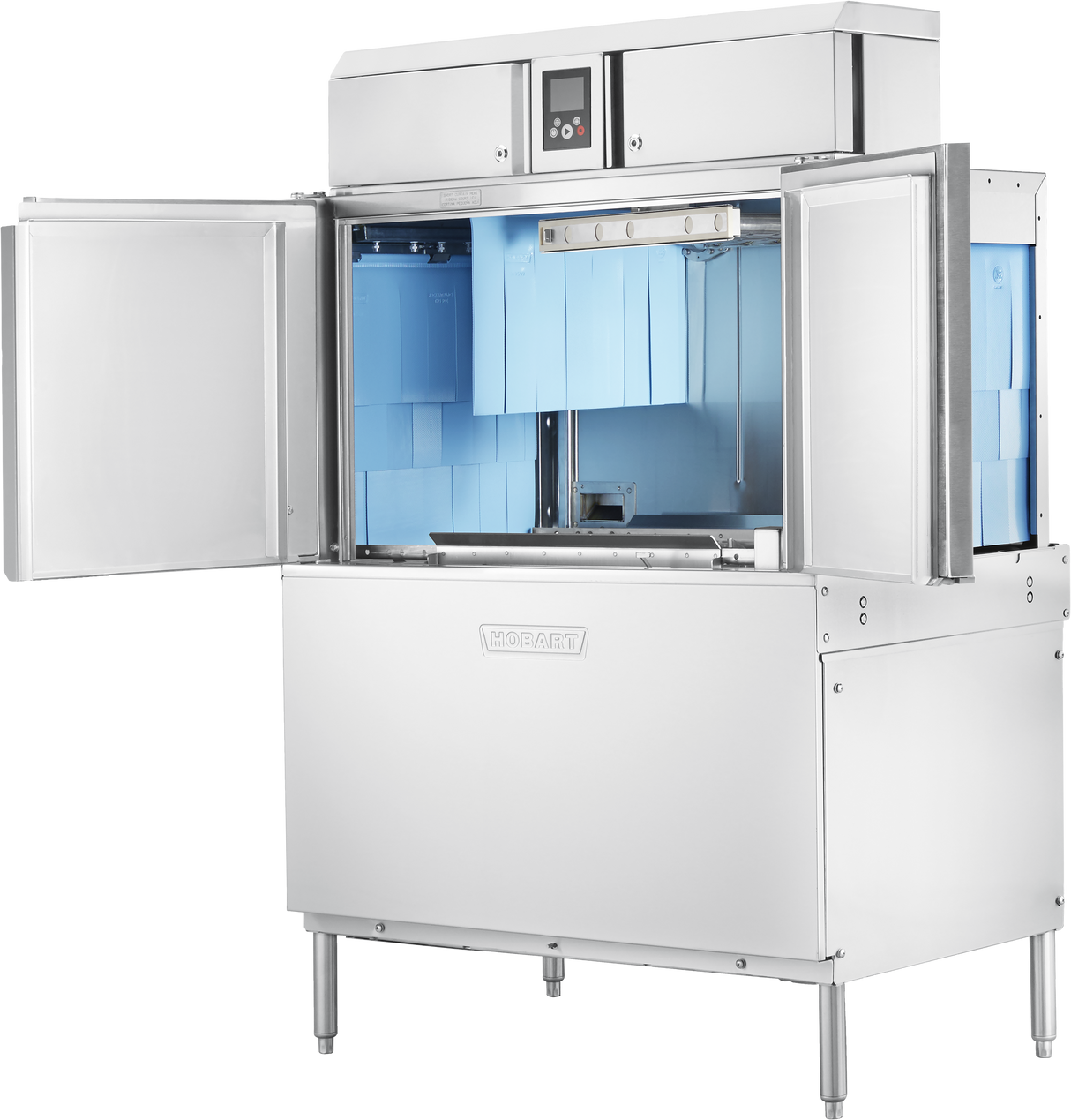 A large industrial Hobart CL44-BAS conveyor dishwasher with both front doors open reveals a bright blue ENERGY STAR-rated interior, spray arms, and rack guides. Control buttons sit on top, and the machine stands on four legs with the brand name Hobart visible in front.