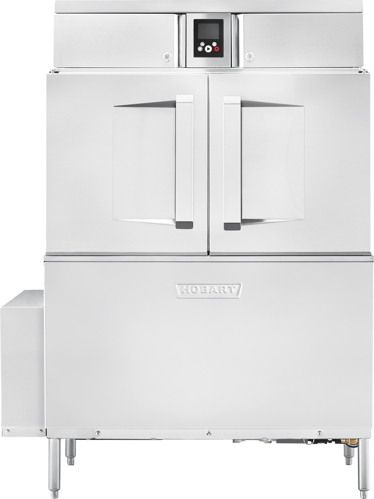 A large, industrial-grade stainless steel conveyor dishwasher with double doors, a digital control panel at the top center, the brand name “Hobart” on the front, and metal legs—designed as a high capacity dishwasher for heavy-duty kitchen use.