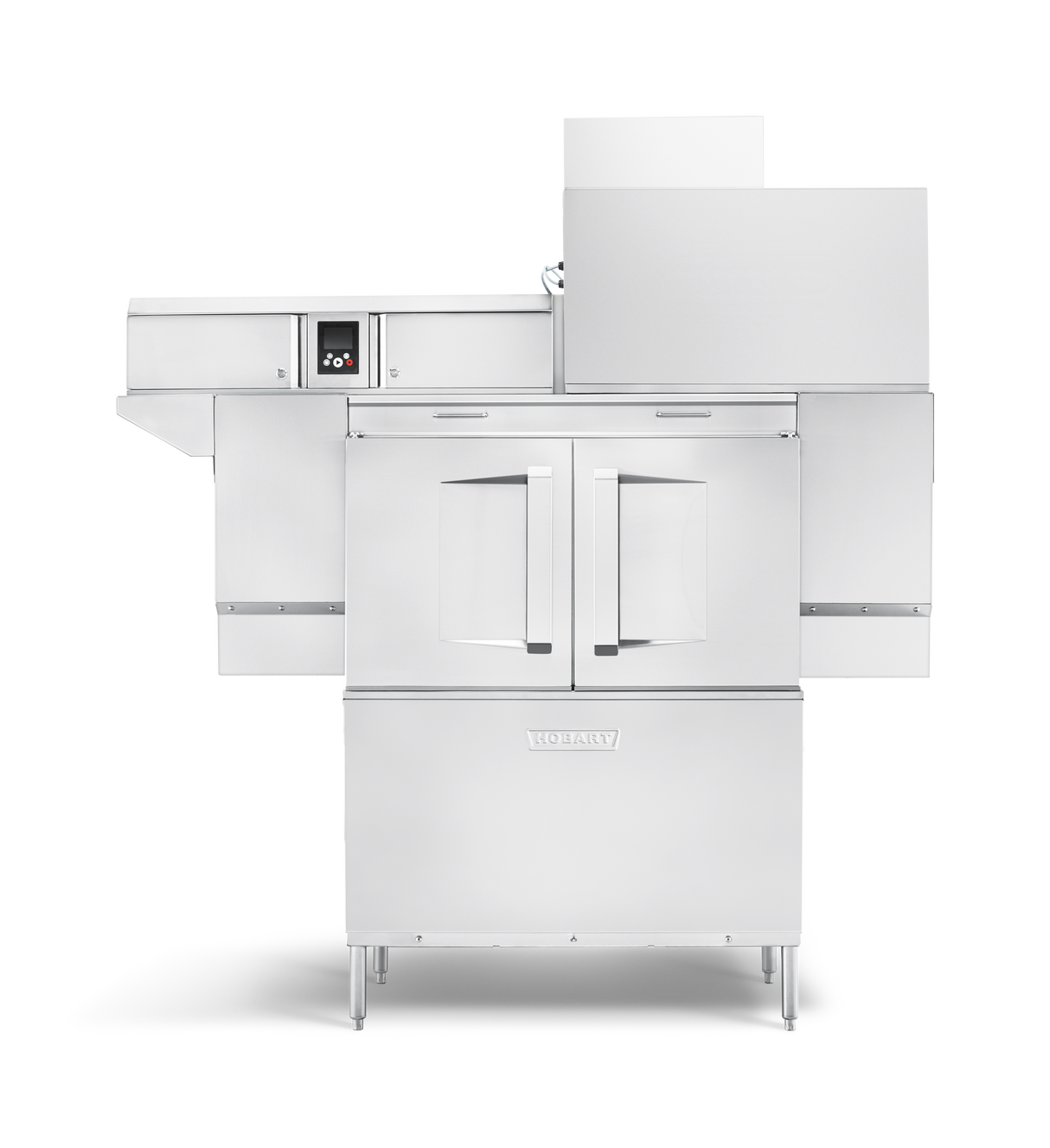A commercial dishwasher with two clear double doors, a digital control panel on the left, and a large upper loading unit. Standing on four legs against a white background, this conveyor dishwasher offers efficient cleaning for busy kitchens.