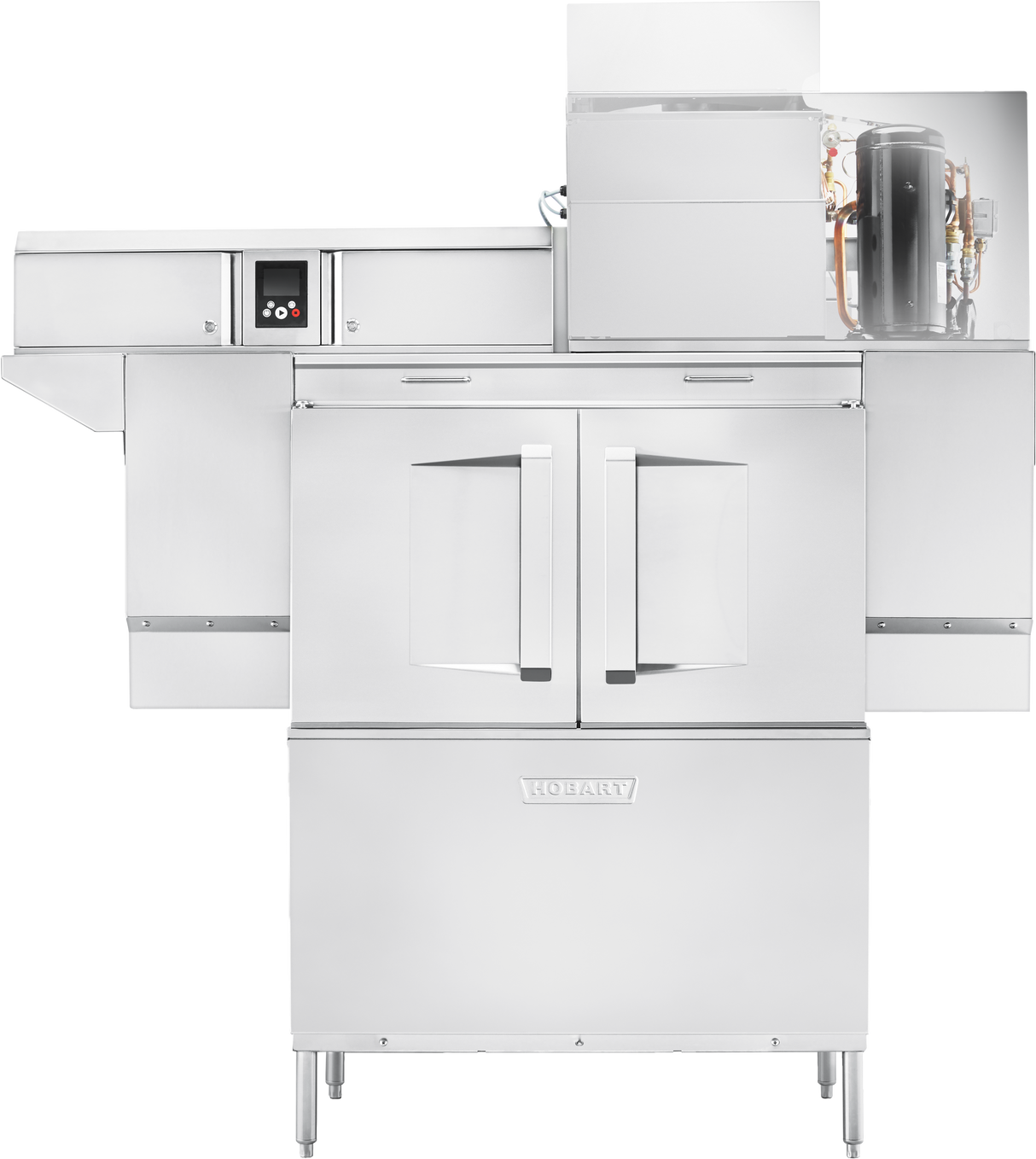 A large, industrial stainless steel oven with double glass doors stands on adjustable legs. The top section shows a cutaway revealing internal machinery, similar to a conveyor dishwasher, with control buttons on the left and a black compressor on the right.