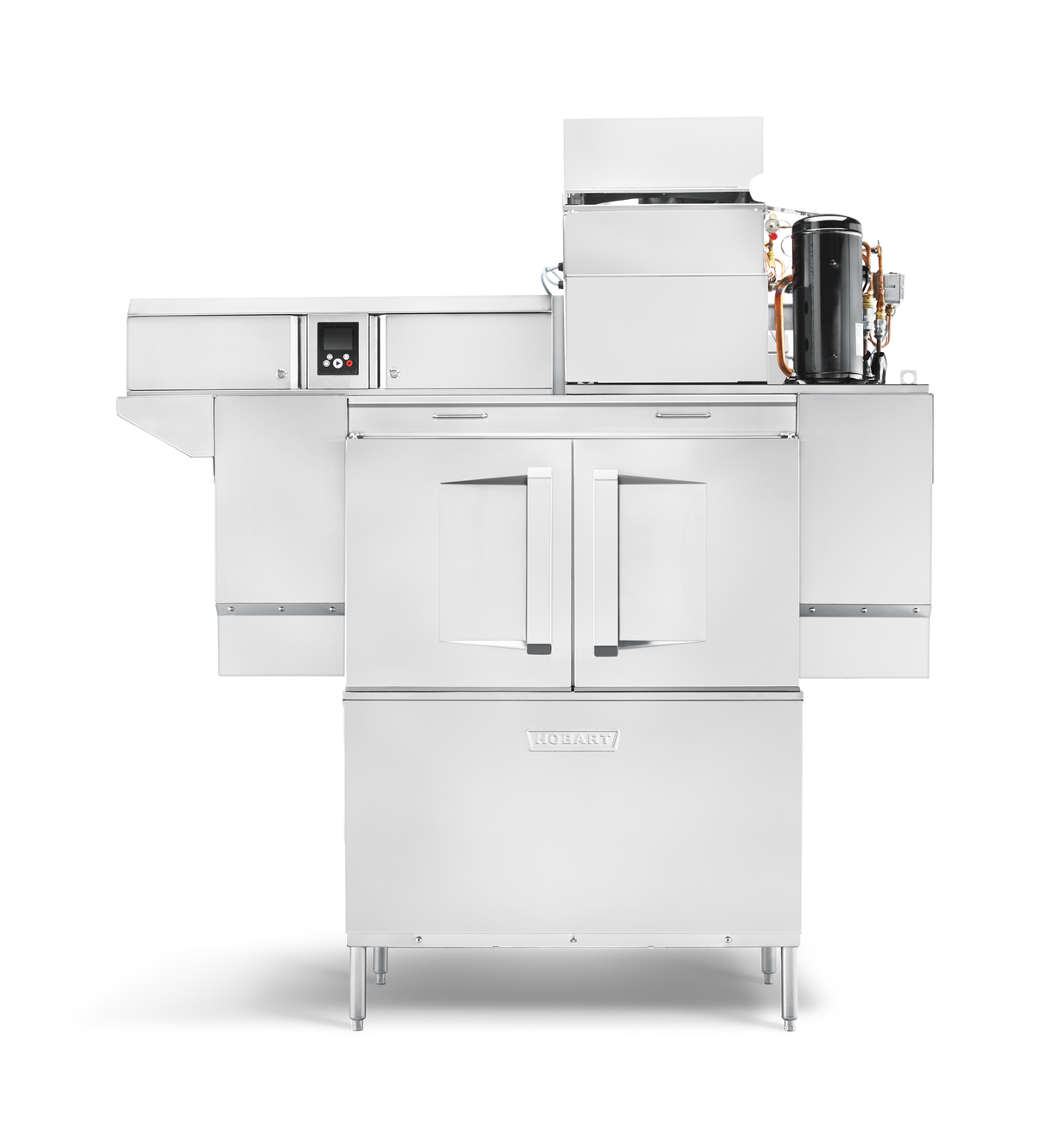 A large, stainless steel commercial dishwasher with double doors at the front, digital display on the left, exposed mechanical components on top right, and “Rotary” branding below. The unit features ventless energy recovery and stands on four legs.