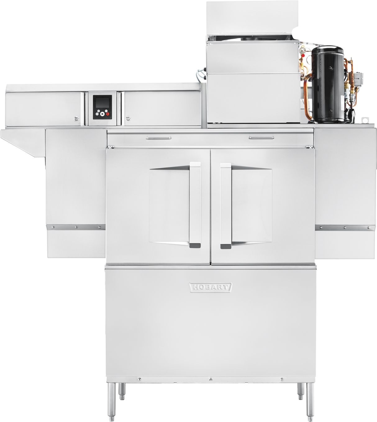 A large commercial stainless steel conveyor dishwasher with double front doors, control panel, and an exposed mechanical unit on the top right; the brand “Rotary” is visible. Features a modern, industrial design and advanced ventless energy recovery system.