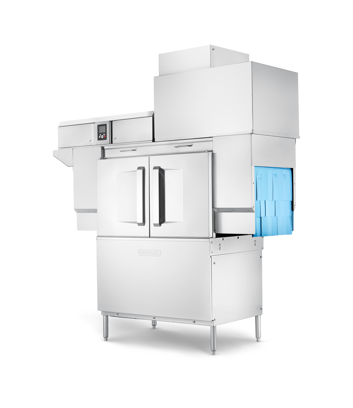 A large, commercial dishwasher with double doors features a control panel on the upper left and blue plastic racks on the right for loading dishes. This modern, industrial design includes ventless energy recovery for efficient operation.