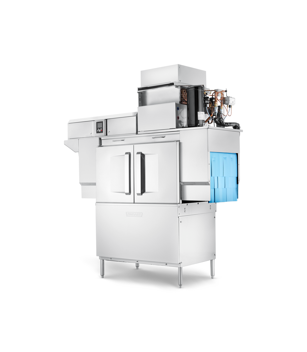 A large industrial stainless steel conveyor dishwasher with double doors, a display panel, open components and pipes on top, and a bright blue ventless energy recovery section on the right; isolated on a white background.