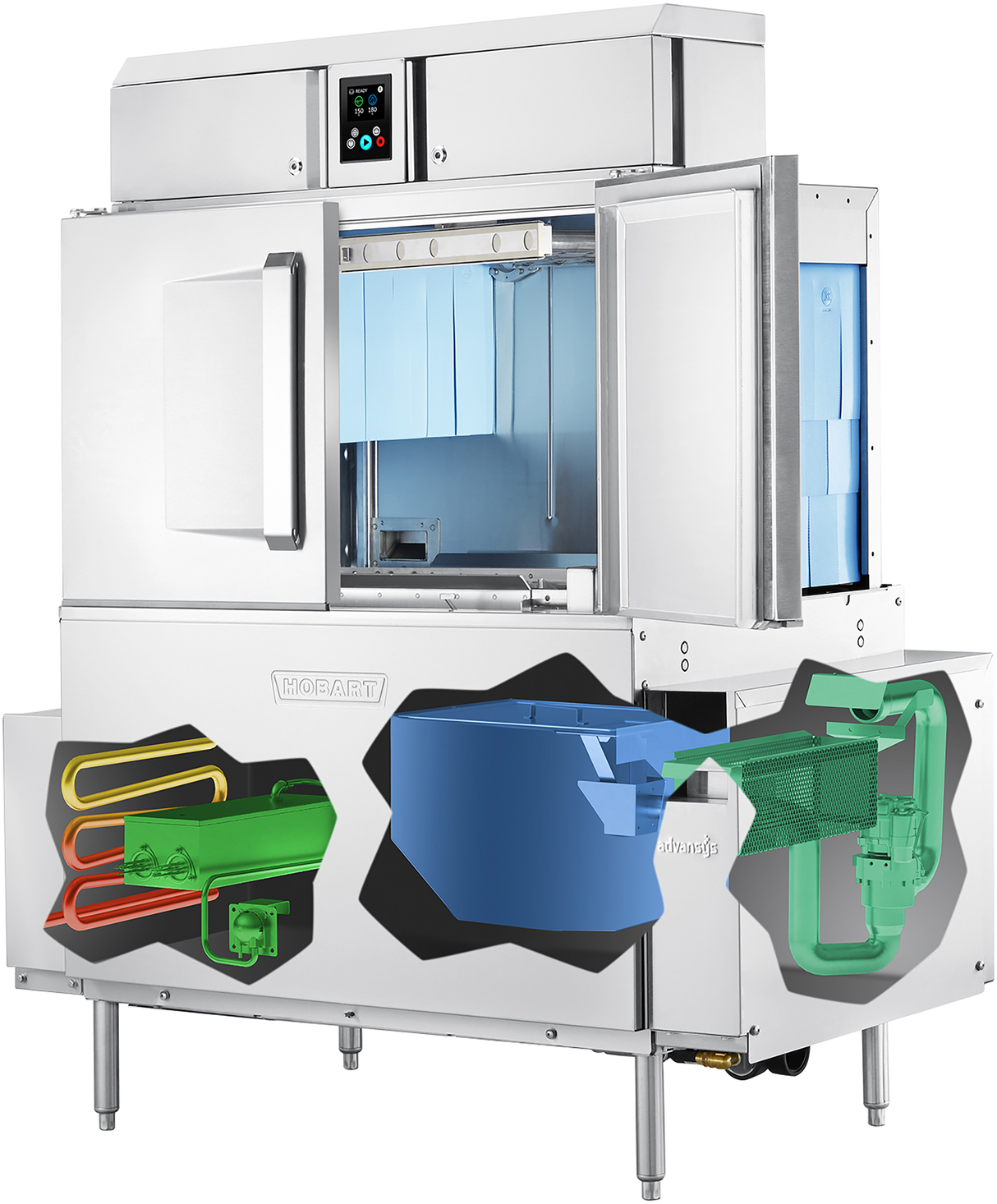 A large conveyor dishwasher with its side panels removed reveals internal components: red and orange heating coils, a blue water tank, and a green water pump system. The front door is open, showing racks inside and features automatic soil removal.