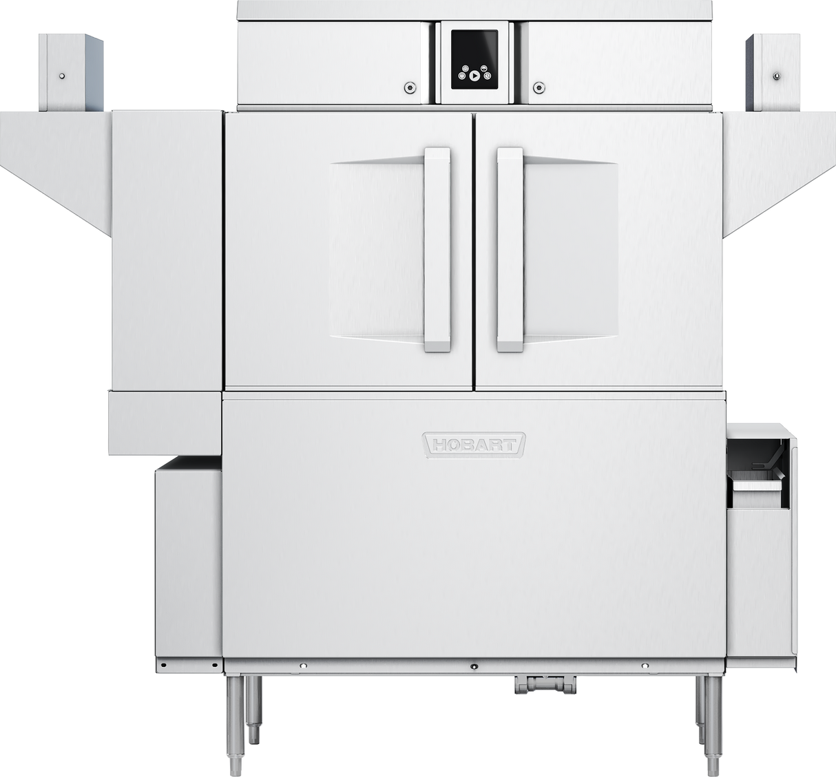 A commercial stainless steel Hobart conveyor dishwasher with double front doors, a central digital control panel above the doors, side racks, and sturdy legs. Features like drain water energy recovery make it ideal for modern industrial kitchens.