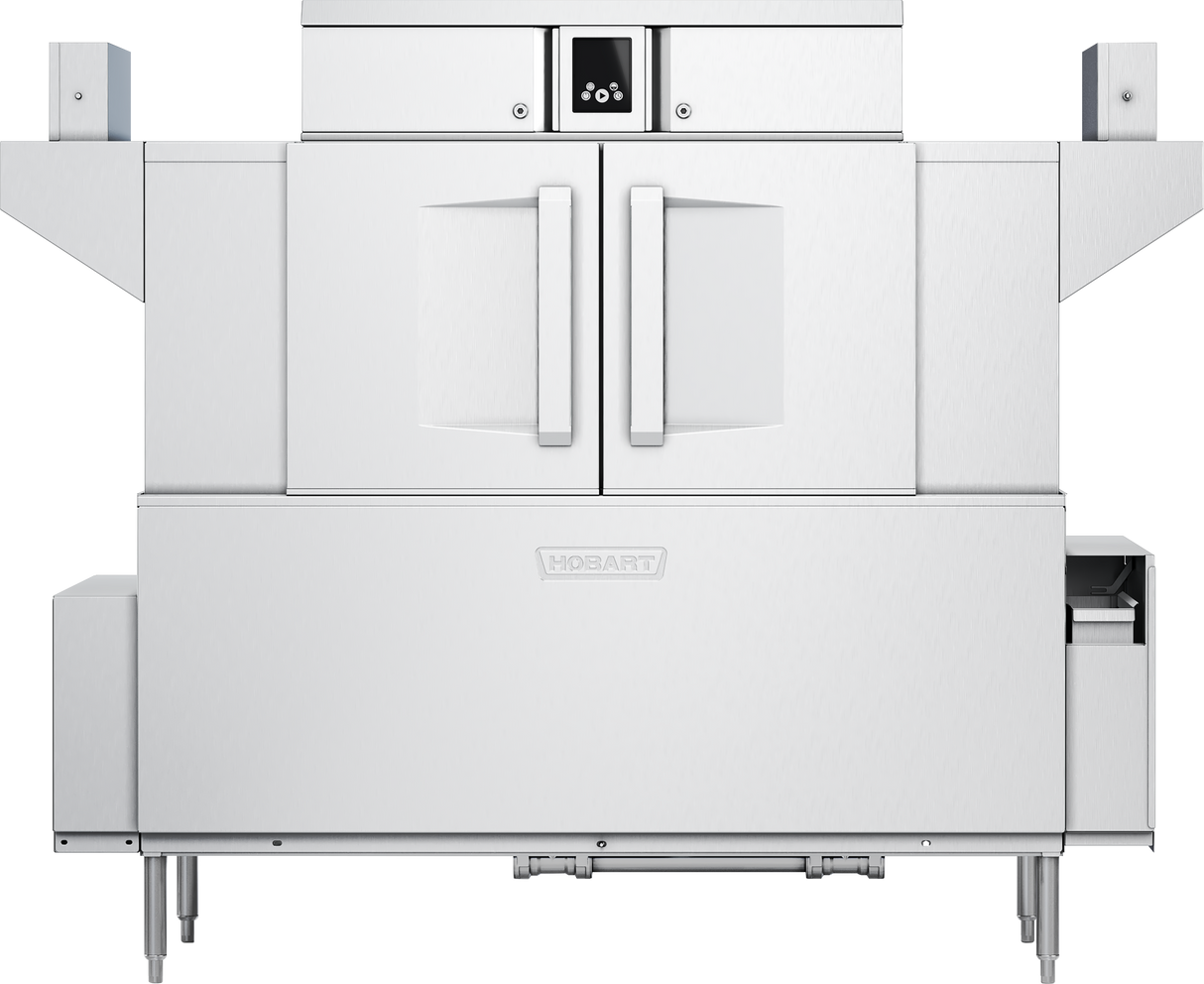 A large industrial stainless steel conveyor dishwasher with two front doors, a digital control panel above the center, and the Hobart logo below. Features automatic soil removal and compartments on each side. The appliance stands on four legs.