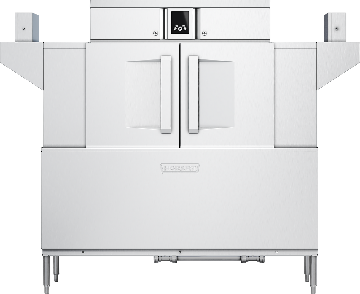 A commercial stainless steel Hobart conveyor dishwasher with double front doors, a control panel centered above the doors, and wide side shelves. Its high capacity design is sleek and industrial, featuring a modern rectangular shape on tall adjustable legs.