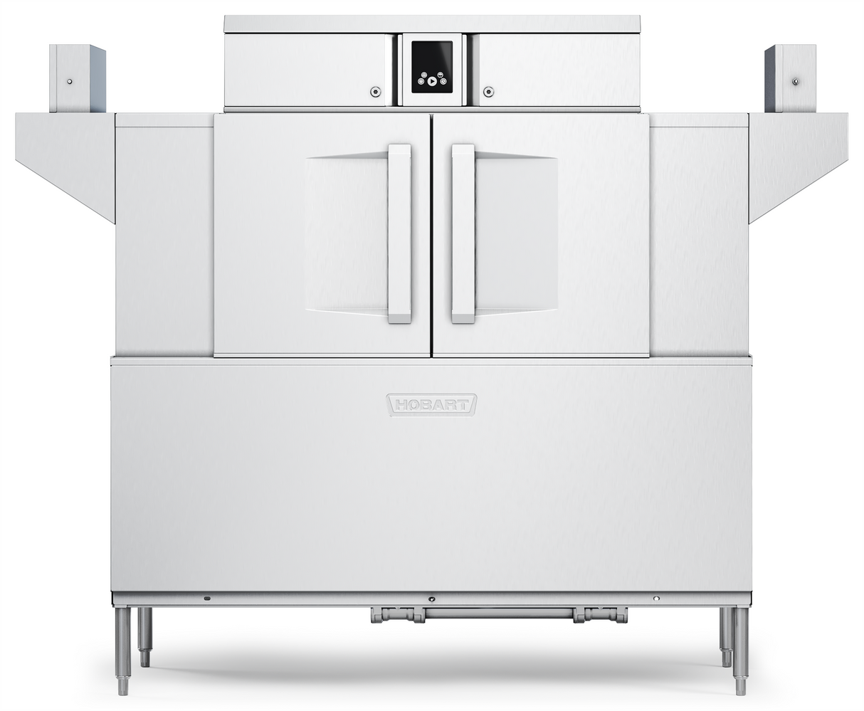 A large industrial stainless steel conveyor dishwasher with double front doors, angular side extensions, and a small digital control panel centered above the doors. The high-capacity unit stands on four legs and displays the Hobart logo on the front lower panel.
