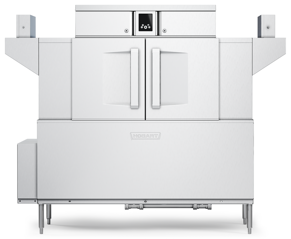 A large industrial stainless steel conveyor dishwasher with double doors and sturdy handles, labeled “Hobart” on the front. It features a touch screen control panel at the top center, two side extensions, and stands on metal legs.
