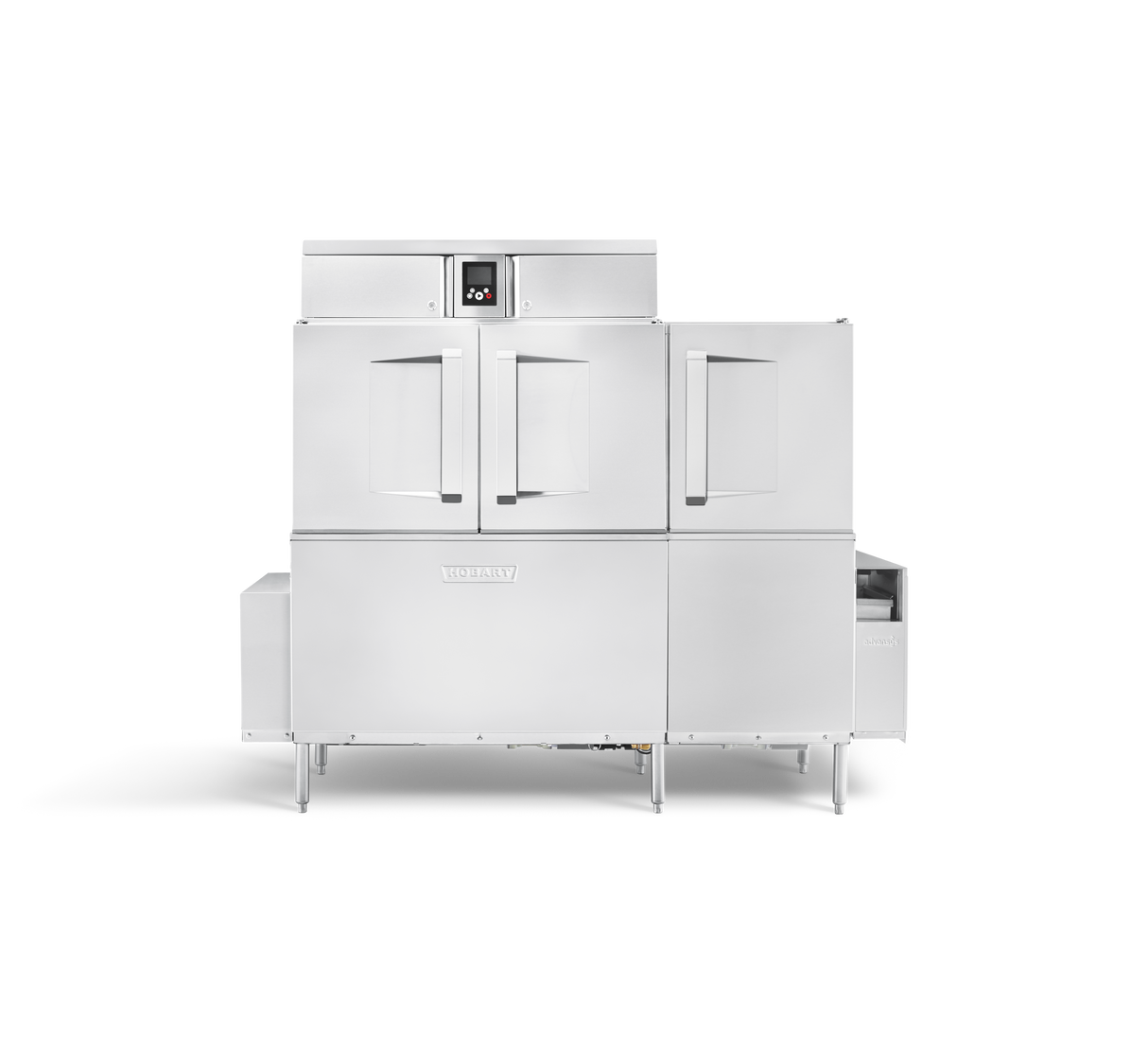 A large, industrial stainless steel conveyor dishwasher with double front doors, a digital control panel on top, and sturdy legs. Designed for high-capacity use in professional kitchens, it features automatic soil removal for better efficiency.