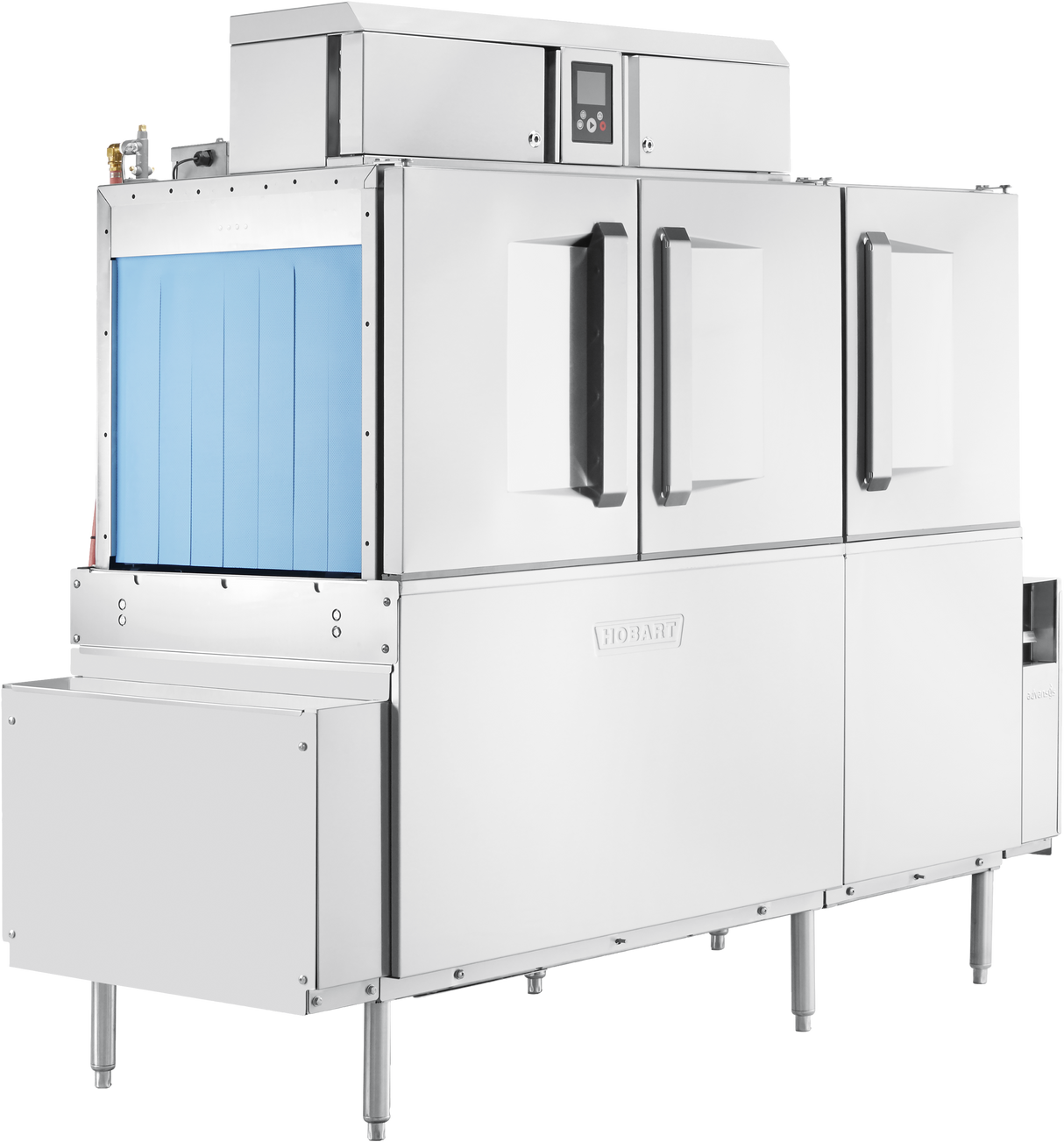 A large, industrial stainless steel conveyor dishwasher with two vertical handles on front doors, a digital control panel on top, blue entry curtain on the left side, drain water energy recovery system, and the Hobart logo embossed on the front panel.